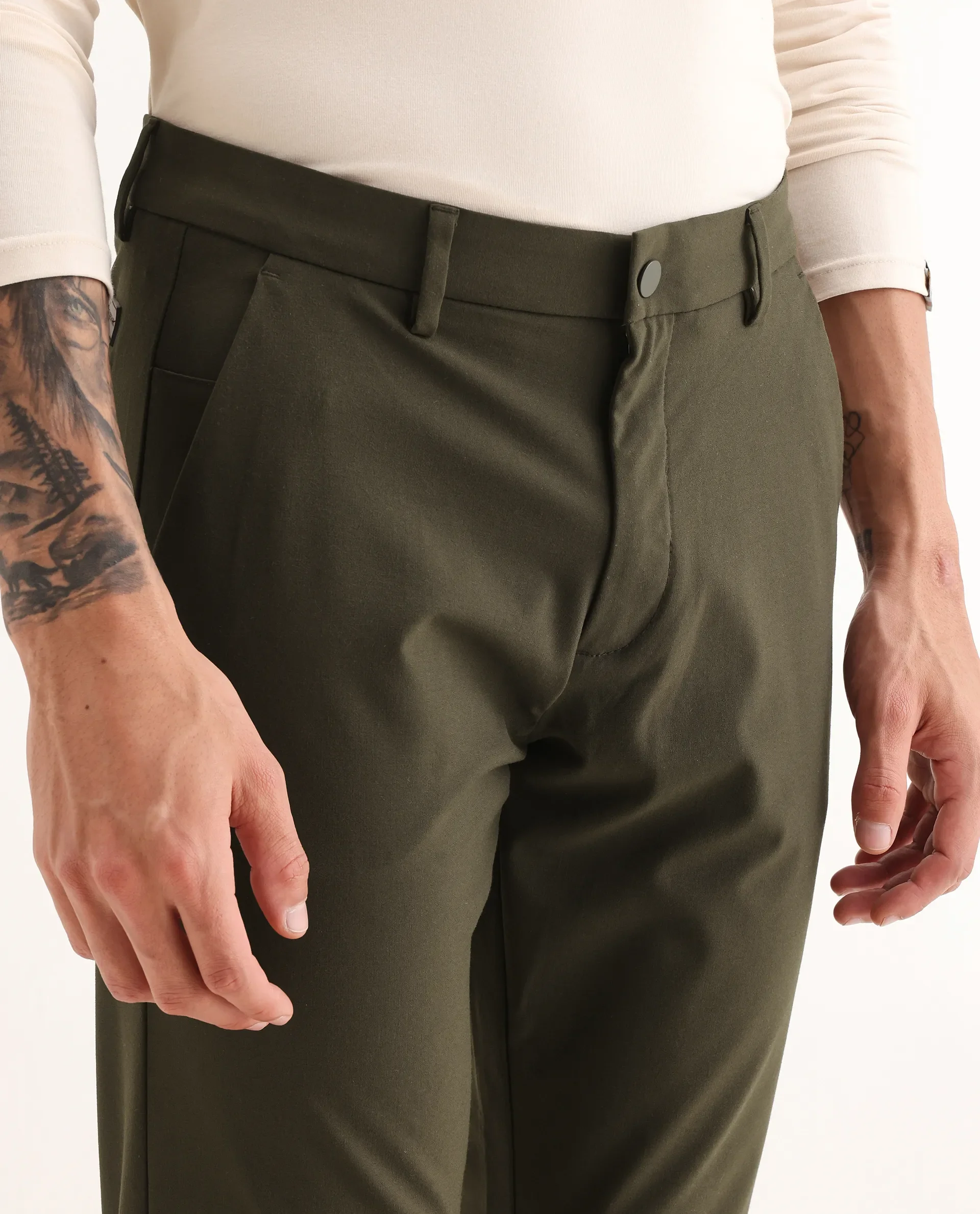 Rare Rabbit Men's Travel-25 Olive Polyester Blend Plain Regular Fit Trouser - Image 3
