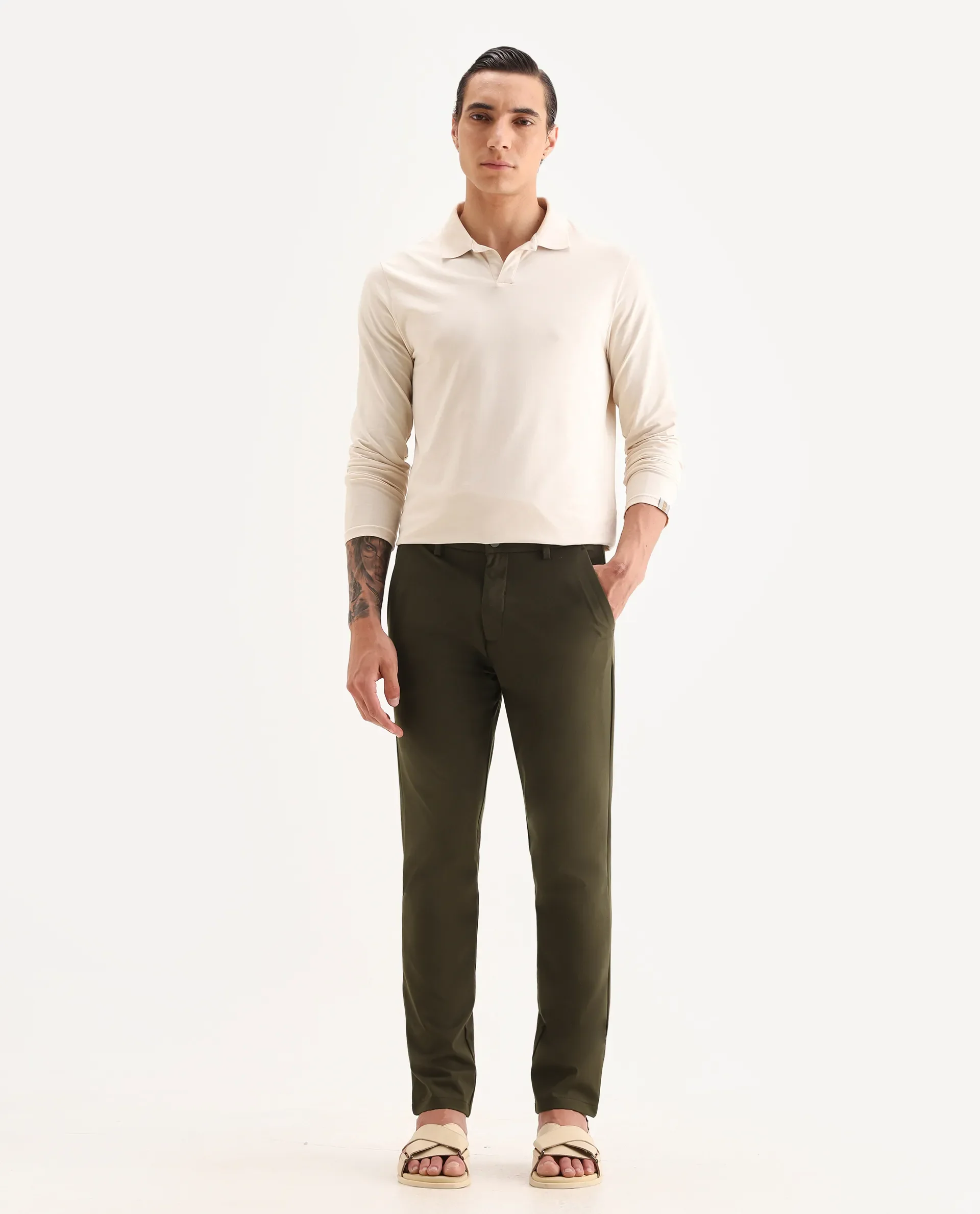 Rare Rabbit Men's Travel-25 Olive Polyester Blend Plain Regular Fit Trouser - Image 4