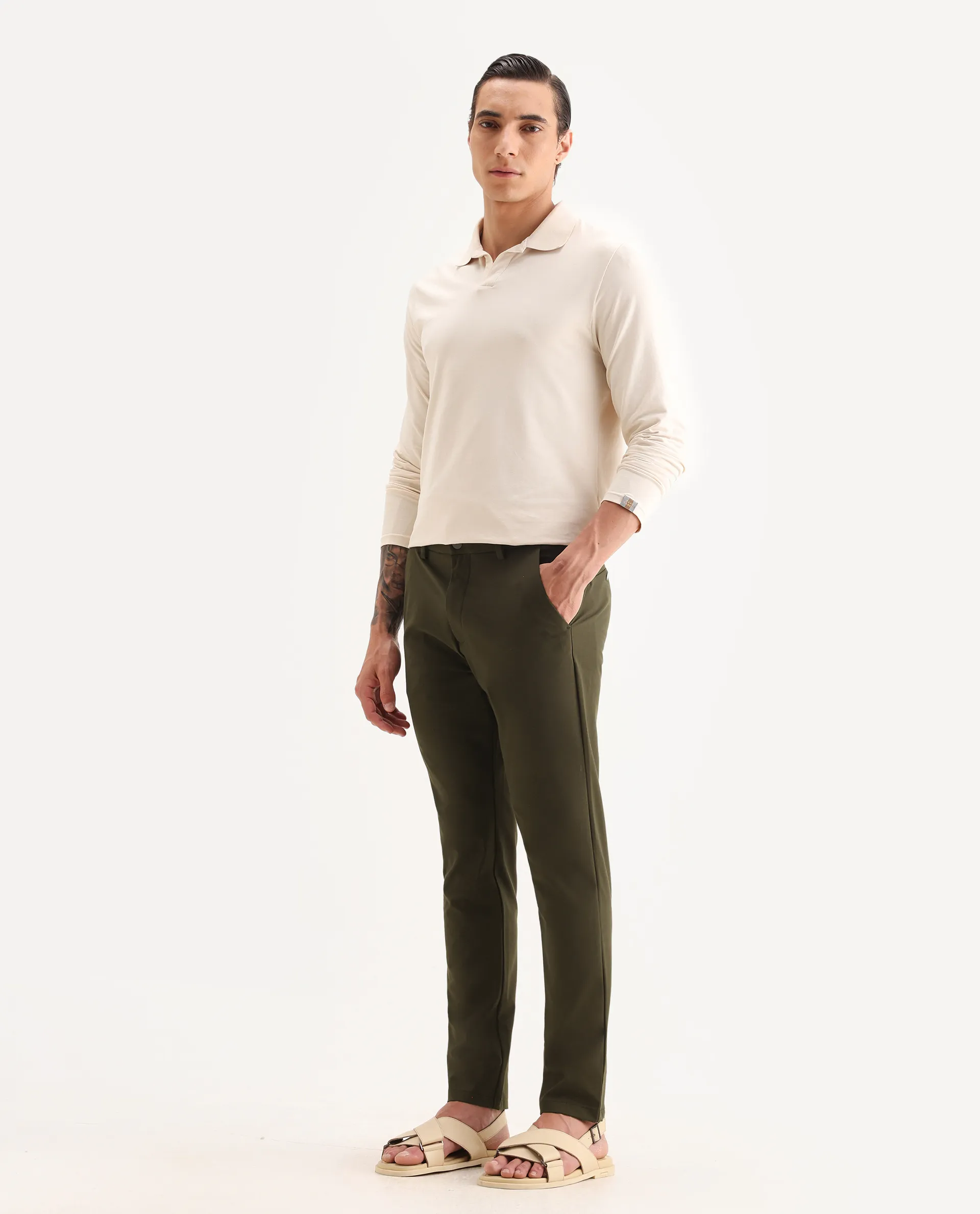 Rare Rabbit Men's Travel-25 Olive Polyester Blend Plain Regular Fit Trouser - Image 5