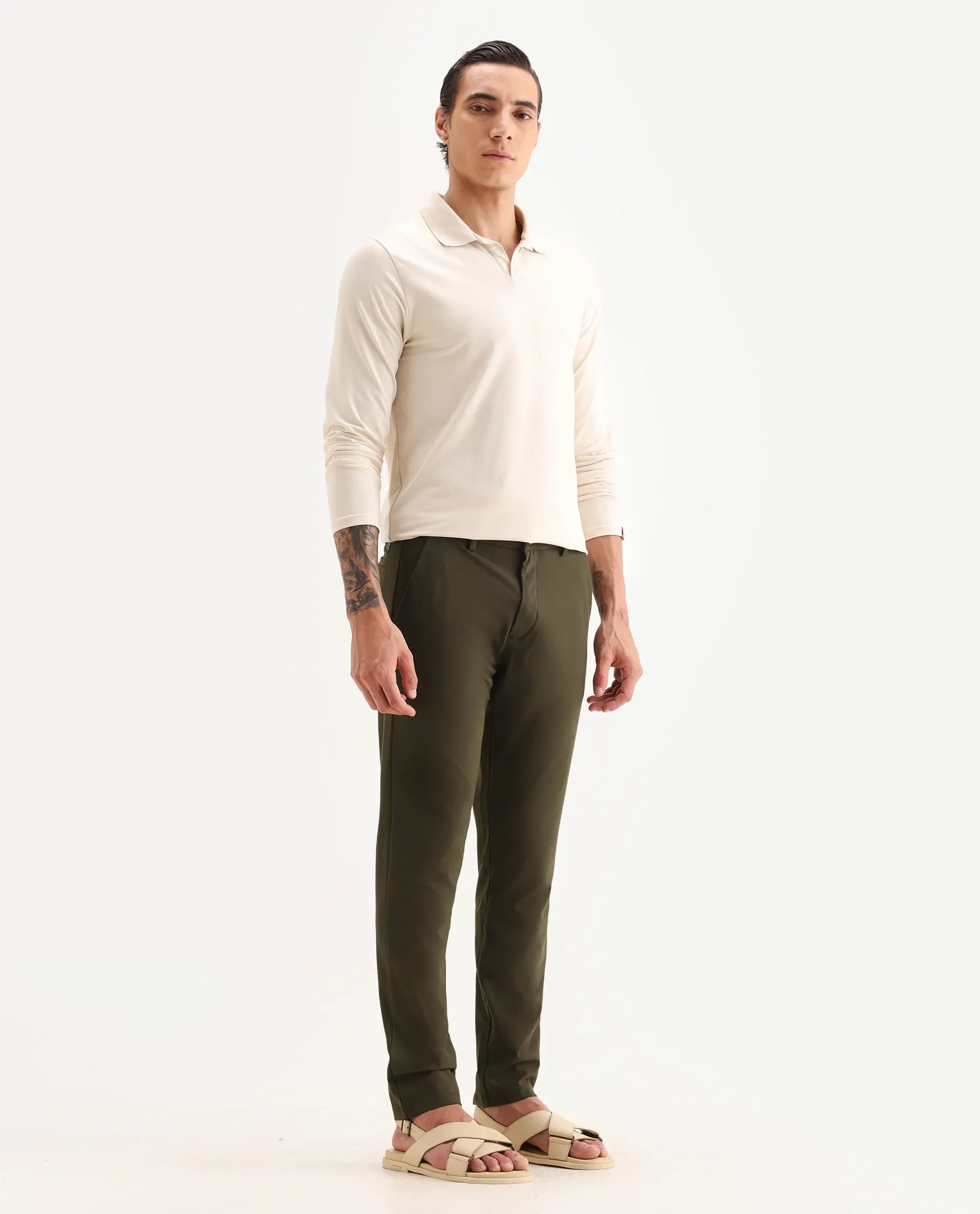 Rare Rabbit Men's Travel-25 Olive Polyester Blend Plain Regular Fit Trouser - Image 6