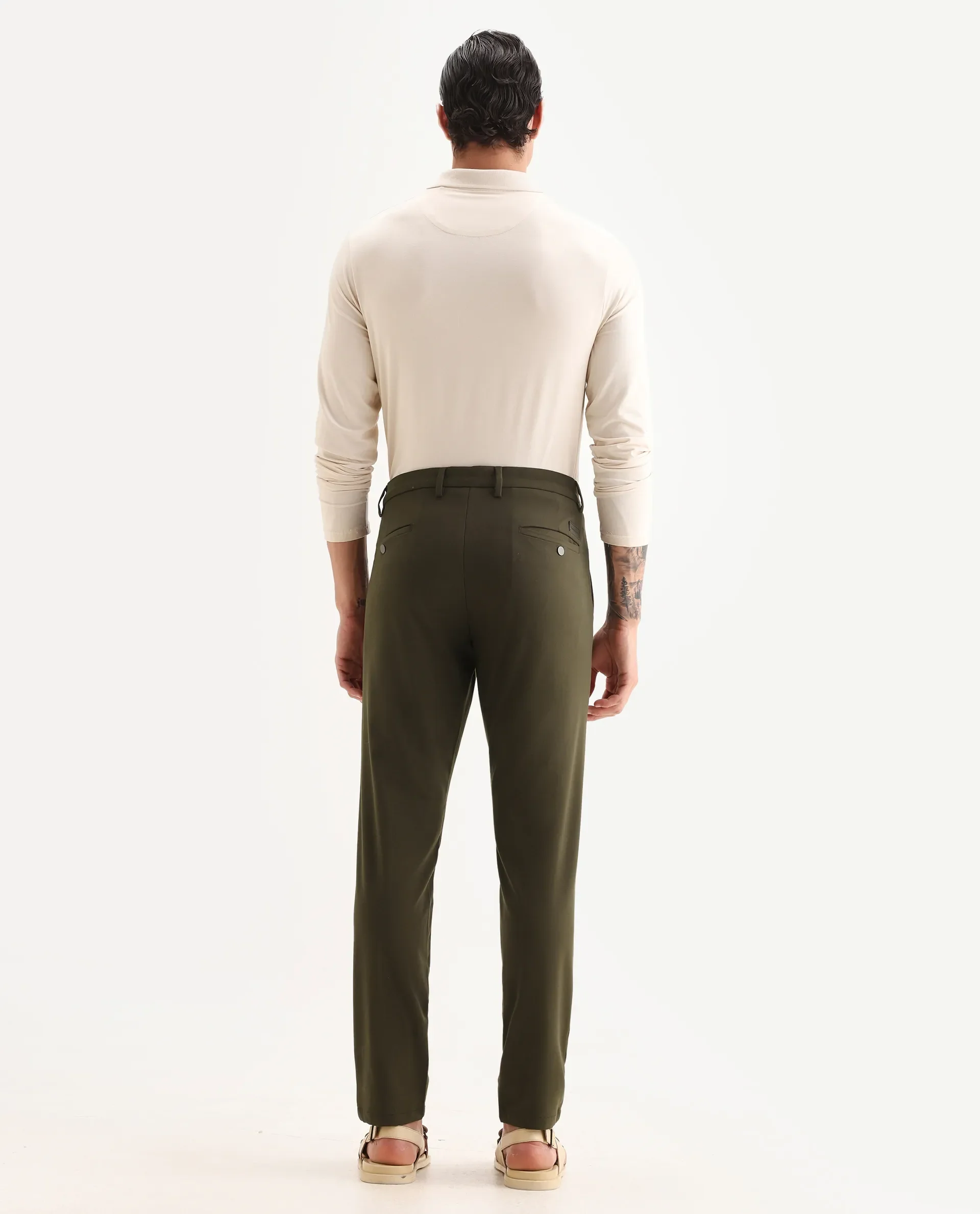 Rare Rabbit Men's Travel-25 Olive Polyester Blend Plain Regular Fit Trouser - Image 7