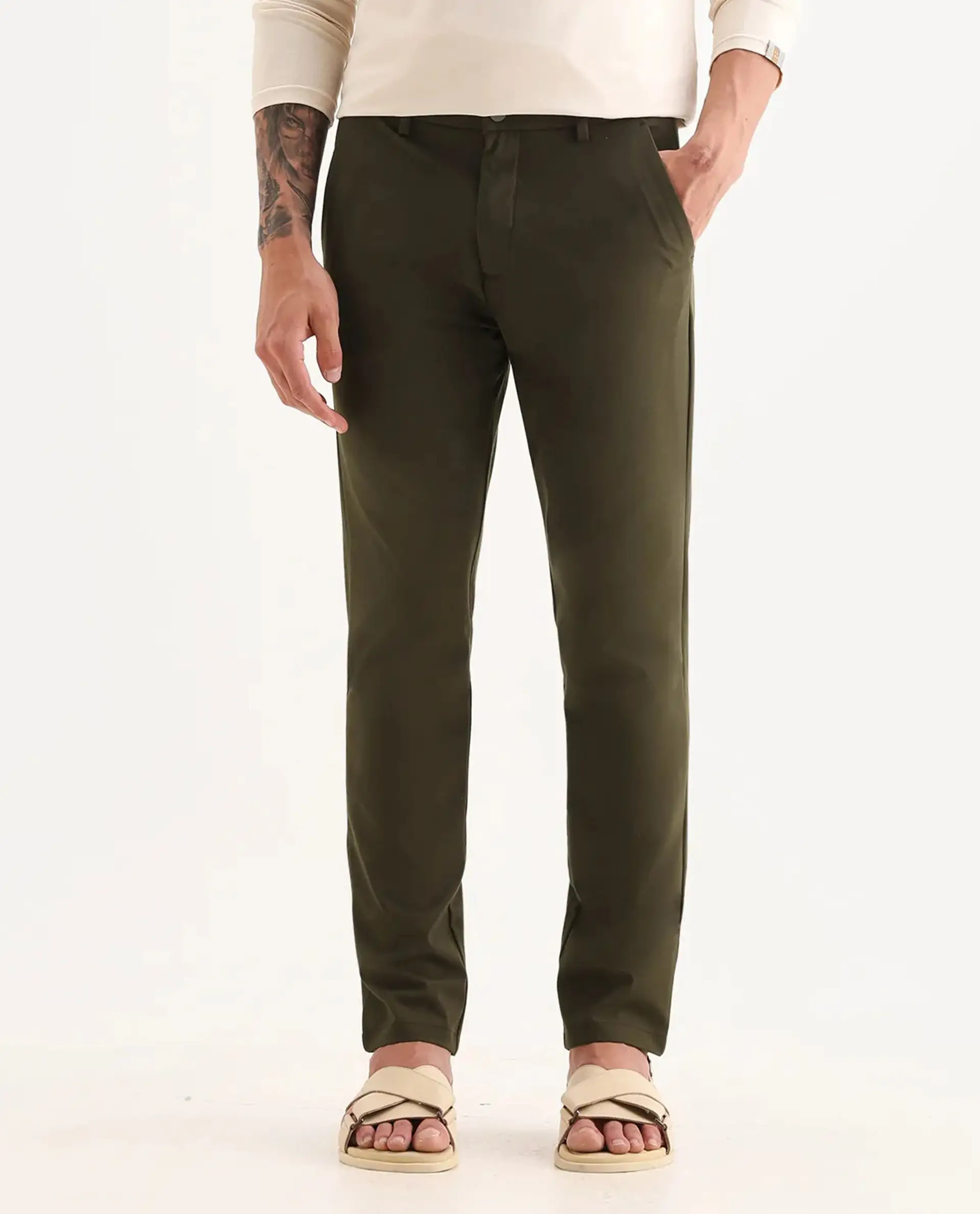 Rare Rabbit Men's Travel-25 Olive Polyester Blend Plain Regular Fit Trouser - Image 8