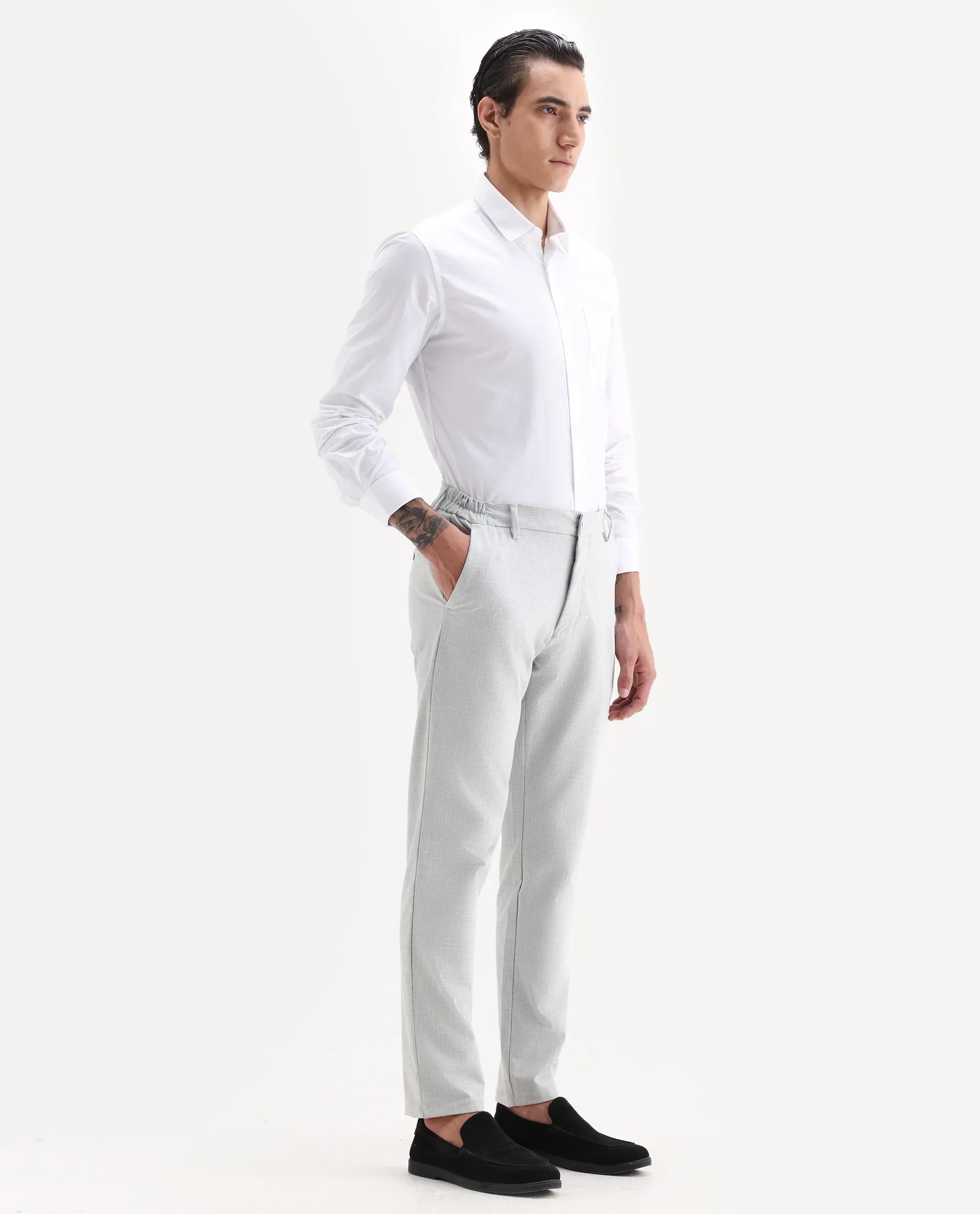 Rare Rabbit Men's Travel-26 Grey Polyester Blend Plain Regular Fit Trouser - Image 6