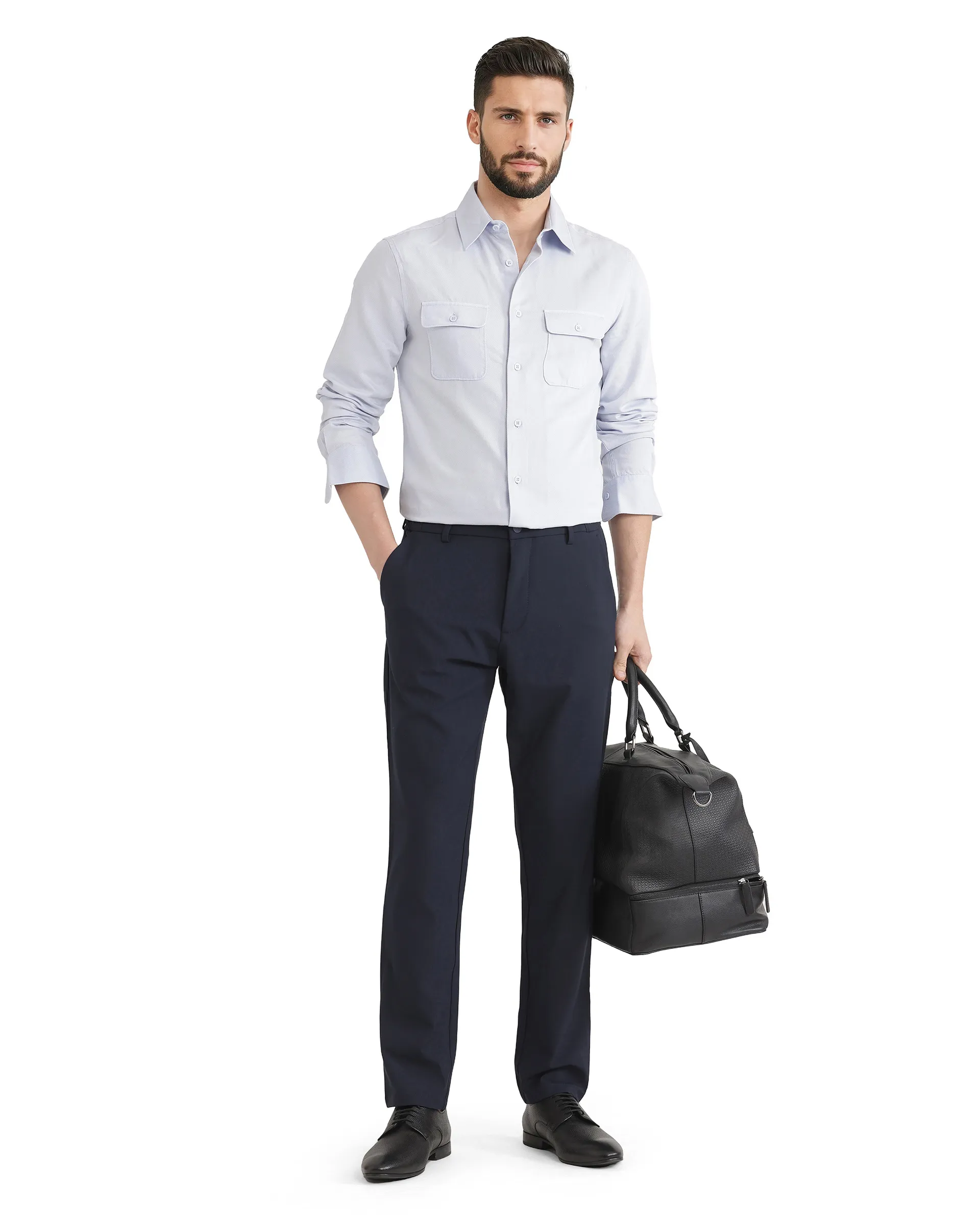 Rare Rabbit Men's Travel 26 Navy Polyester Blend Plain Regular Fit Trouser - Image 2