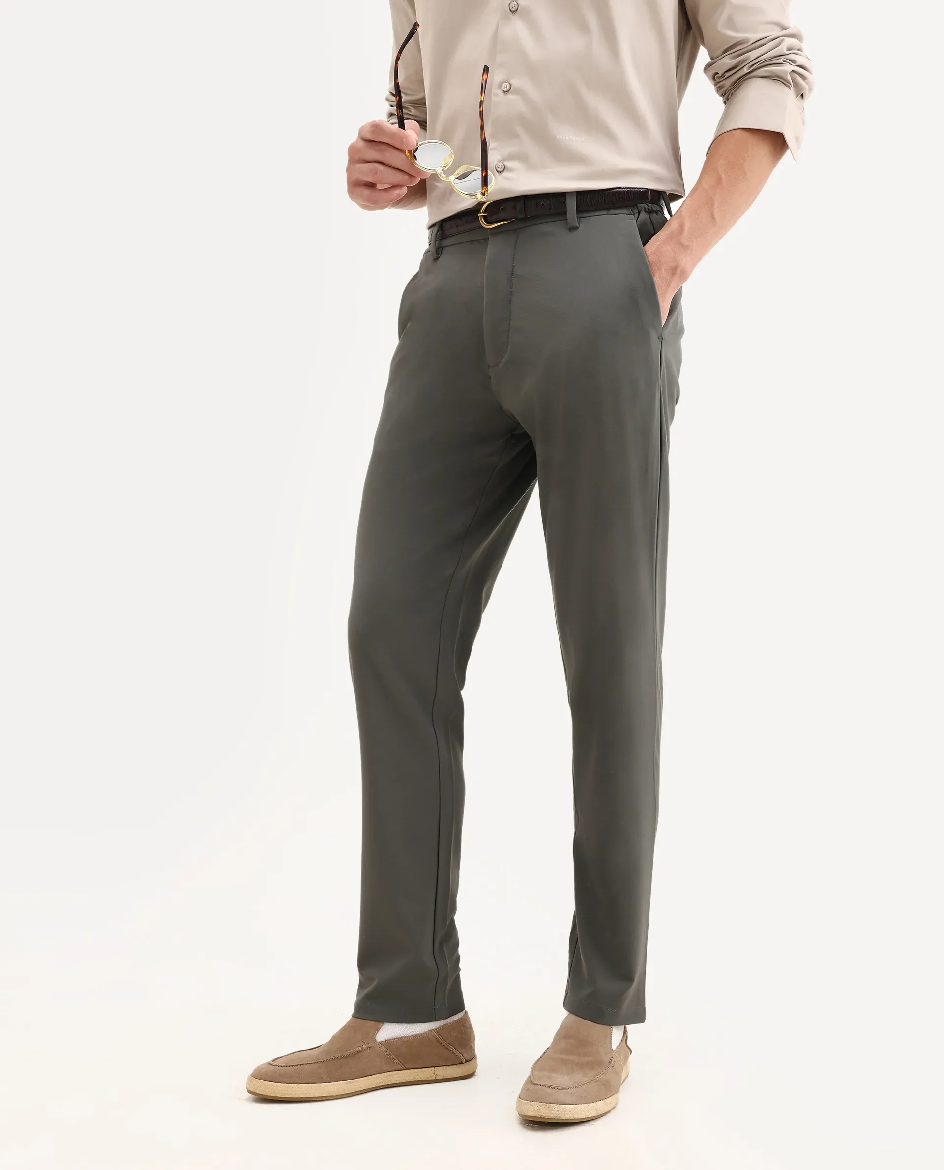 Rare Rabbit Men's Travel-26 Olive Polyester Blend Plain Regular Fit Trouser - Image 2