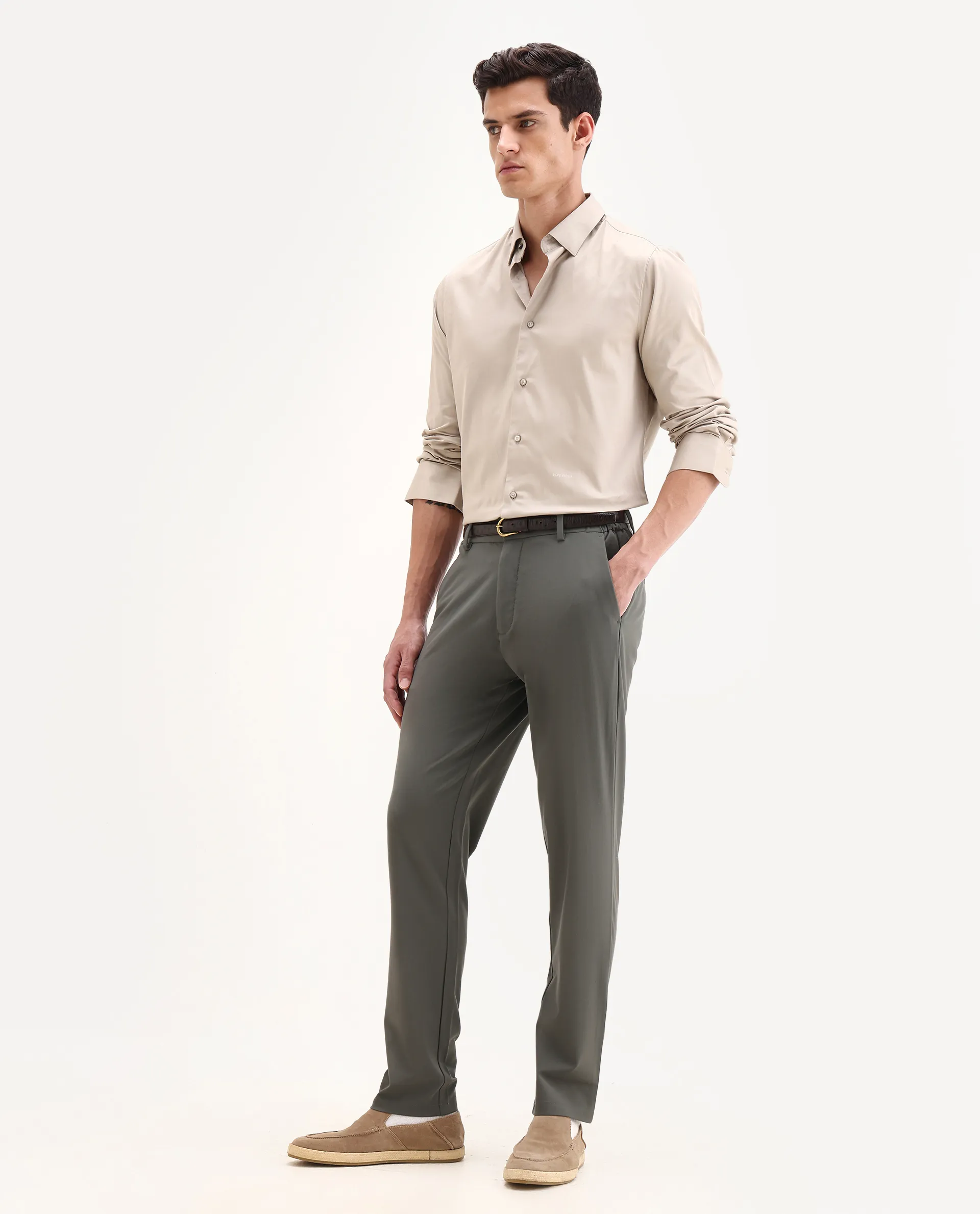 Rare Rabbit Men's Travel-26 Olive Polyester Blend Plain Regular Fit Trouser - Image 4
