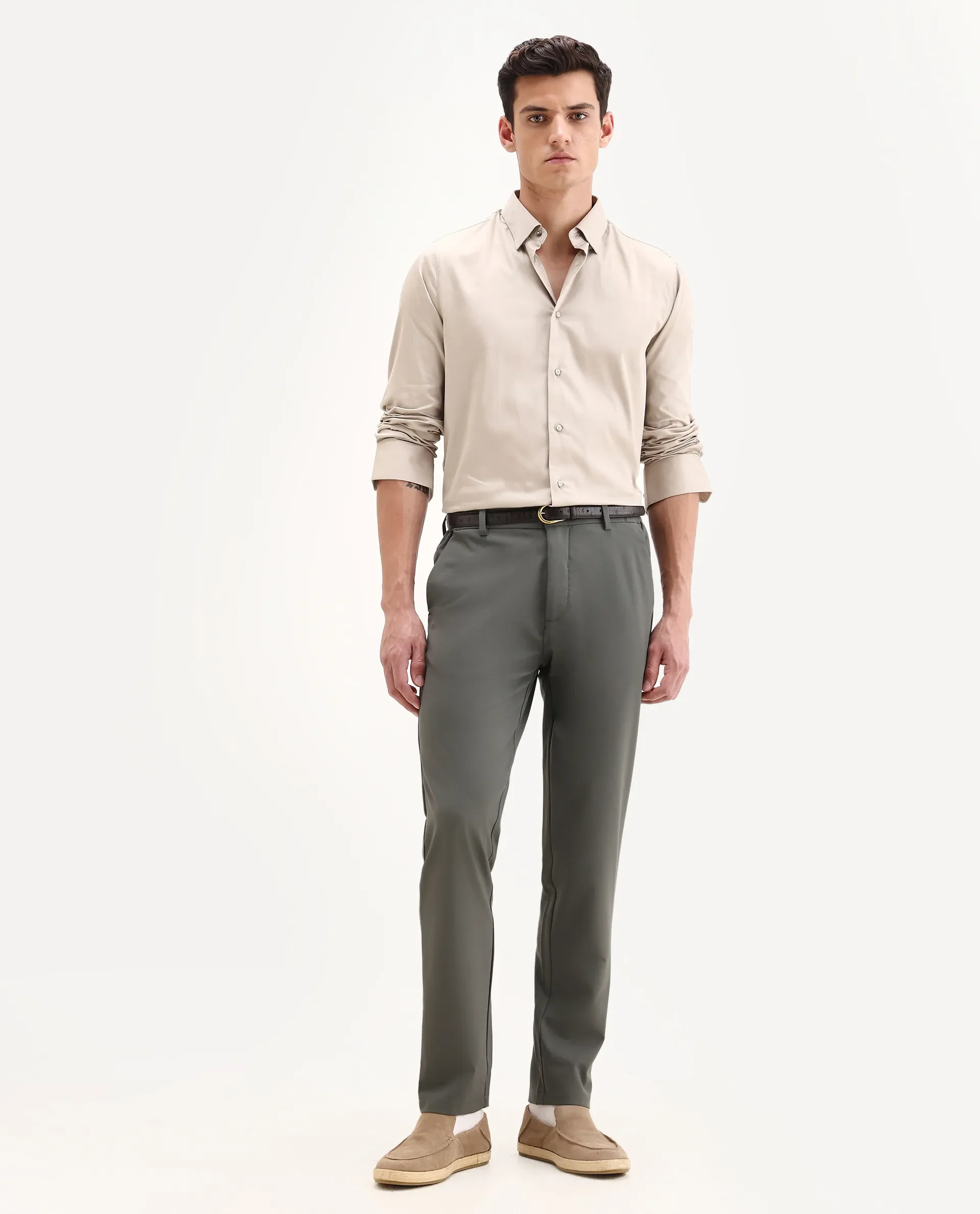 Rare Rabbit Men's Travel-26 Olive Polyester Blend Plain Regular Fit Trouser - Image 6