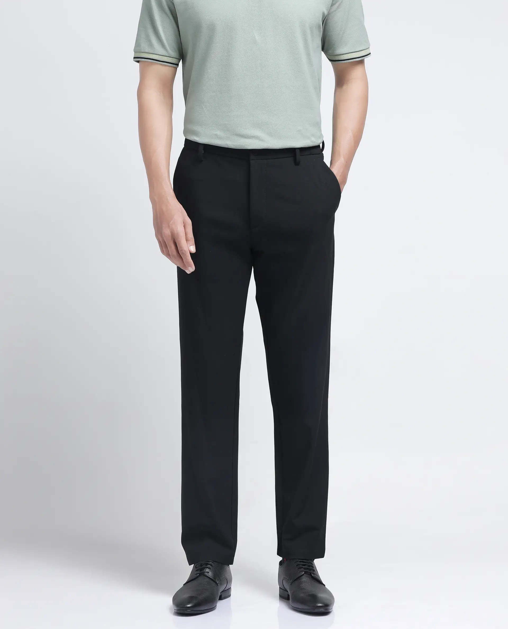 Rare Rabbit Men's Travel-26R Black Polyester Blend Plain Regular Fit Trouser - Image 2