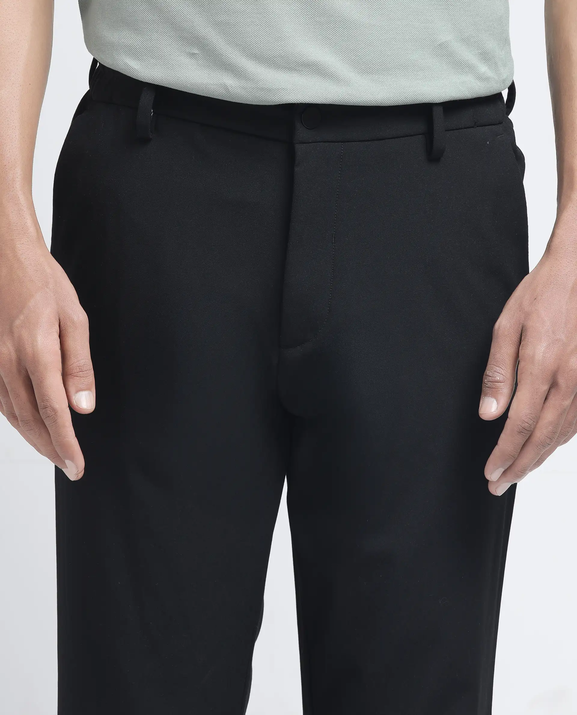 Rare Rabbit Men's Travel-26R Black Polyester Blend Plain Regular Fit Trouser - Image 3