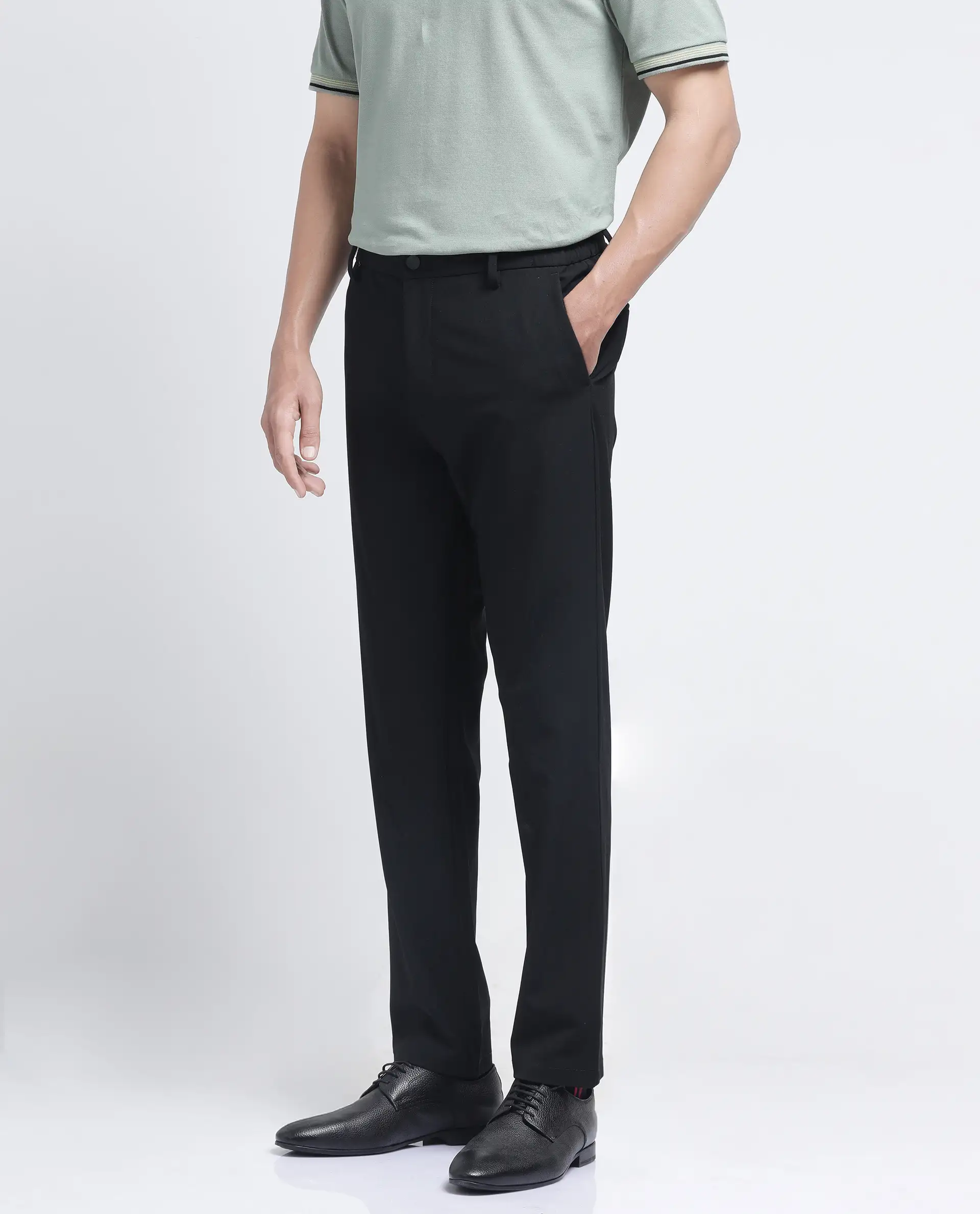 Rare Rabbit Men's Travel-26R Black Polyester Blend Plain Regular Fit Trouser - Image 5