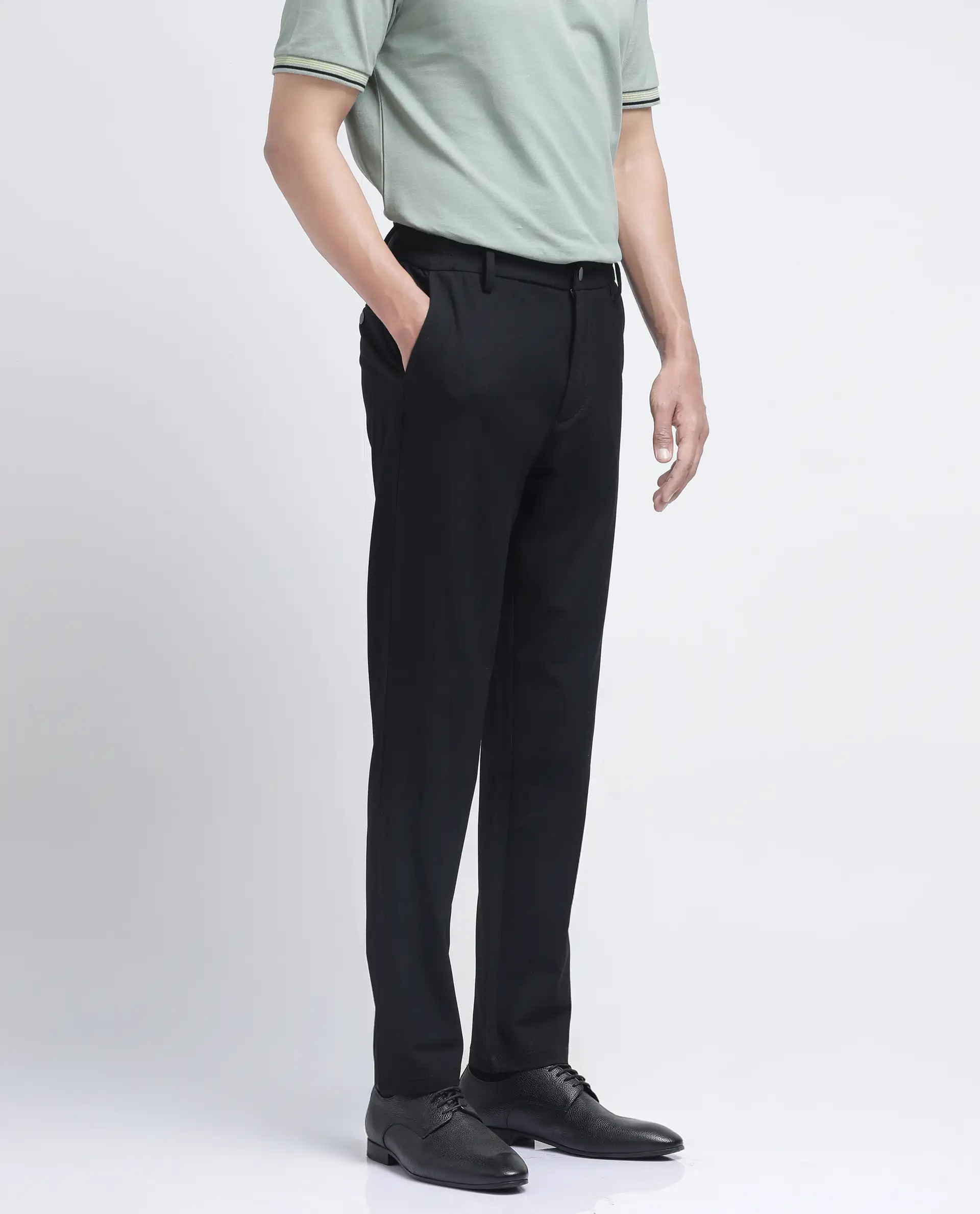 Rare Rabbit Men's Travel-26R Black Polyester Blend Plain Regular Fit Trouser - Image 6
