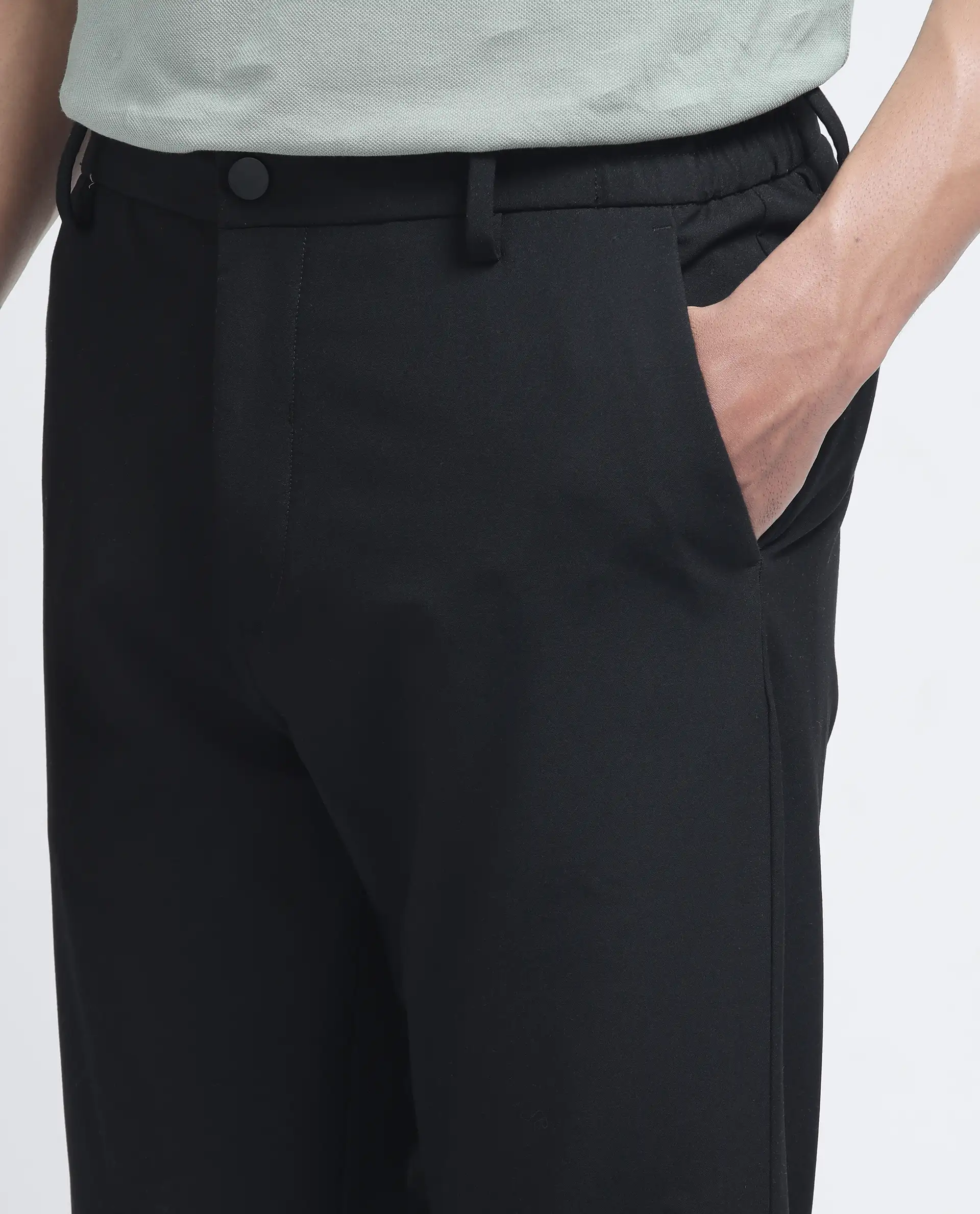 Rare Rabbit Men's Travel-26R Black Polyester Blend Plain Regular Fit Trouser - Image 7