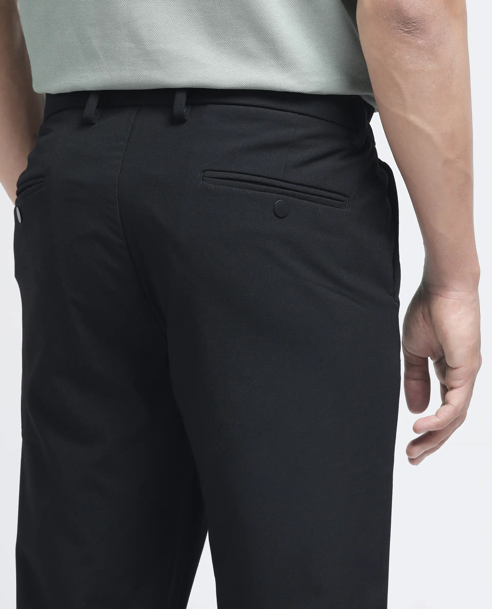Rare Rabbit Men's Travel-26R Black Polyester Blend Plain Regular Fit Trouser - Image 8