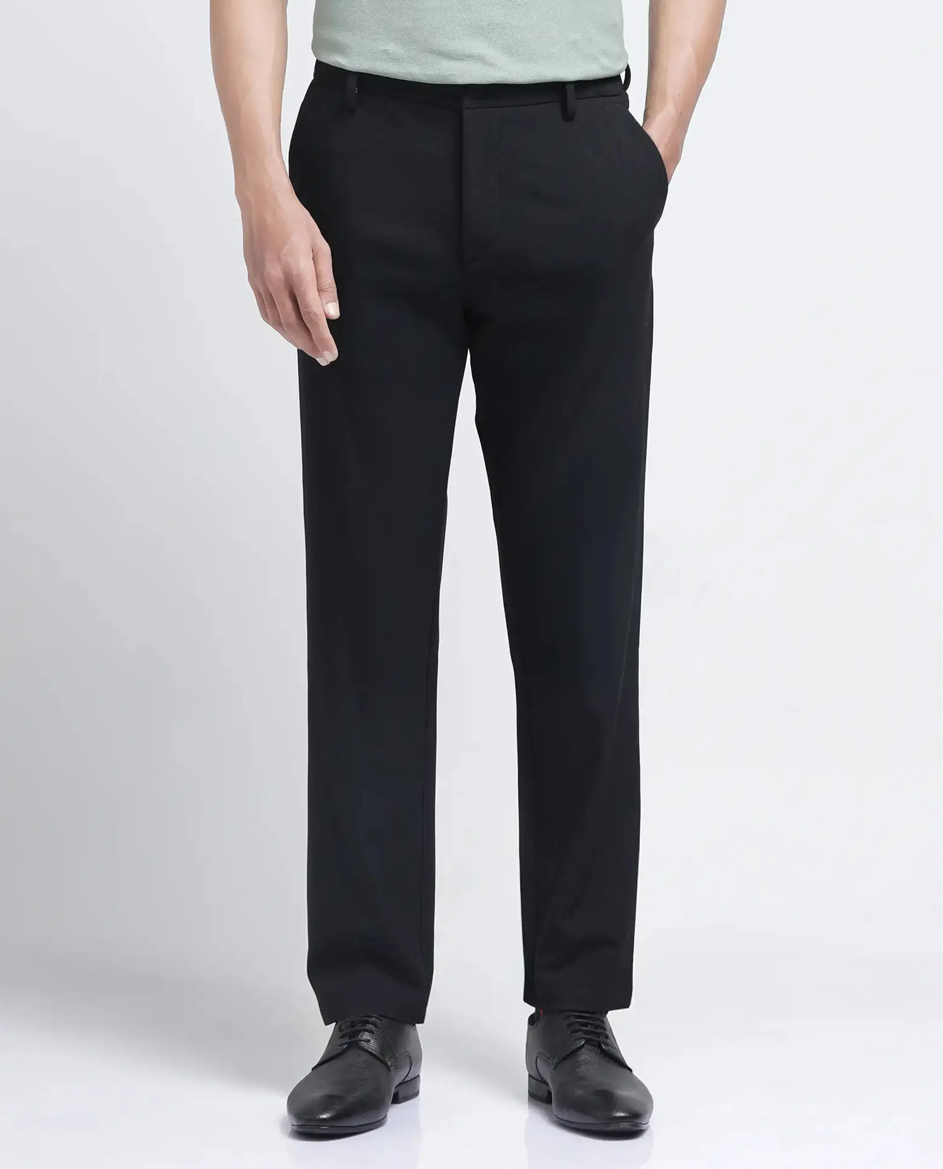 Rare Rabbit Men's Travel-26R Black Polyester Blend Plain Regular Fit Trouser - Image 9