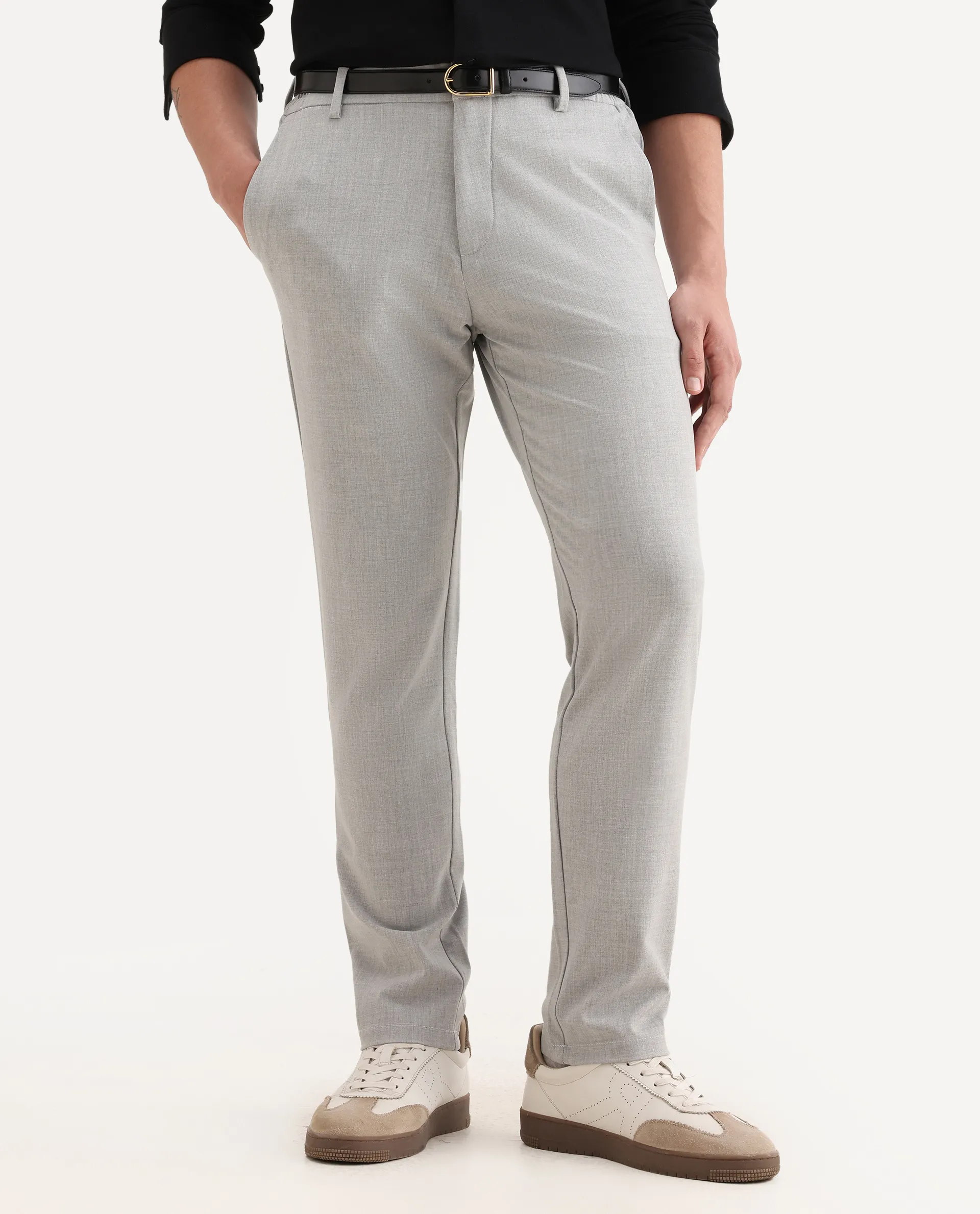 Rare Rabbit Men's Travel-26R Grey Polyester Blend Plain Regular Fit Trouser - Image 2