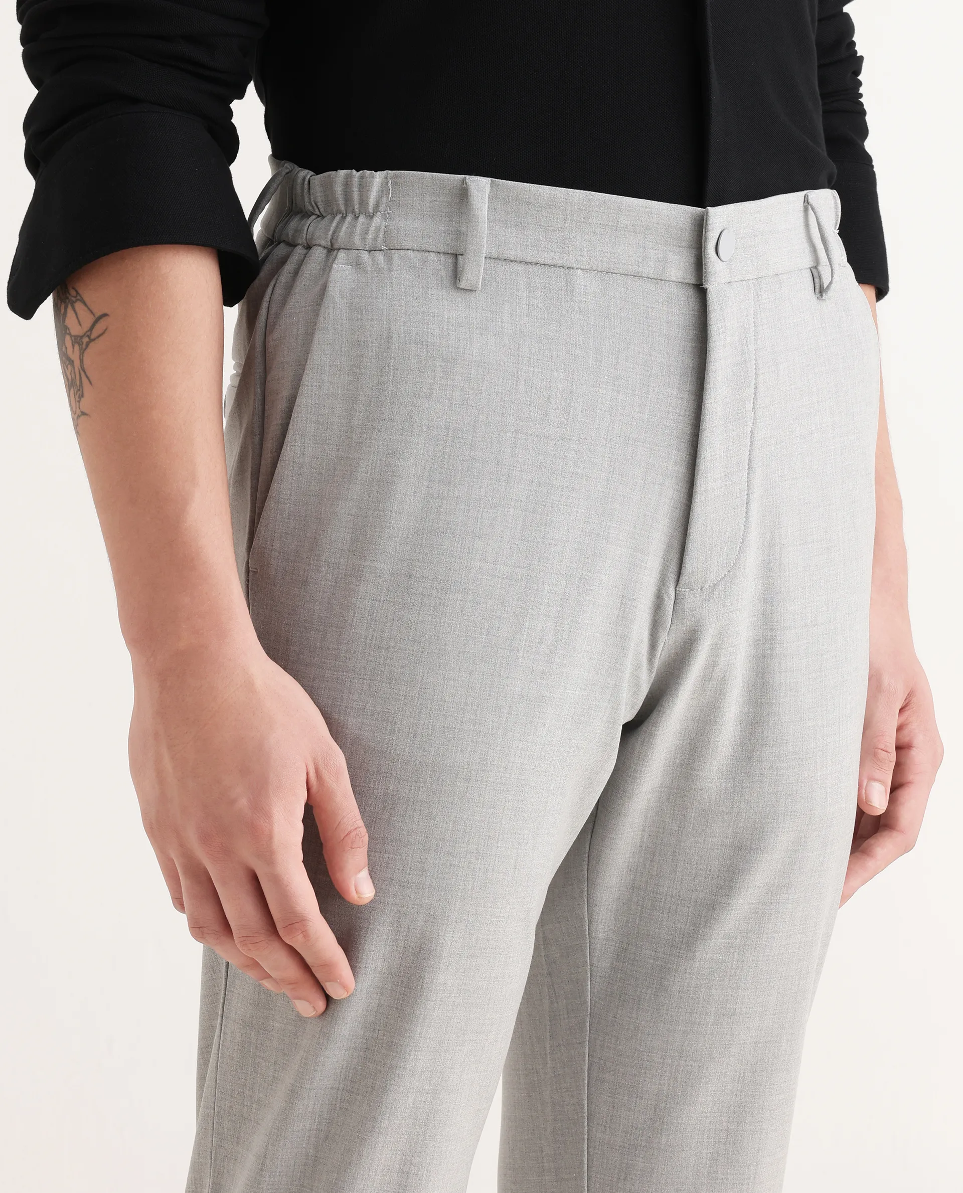 Rare Rabbit Men's Travel-26R Grey Polyester Blend Plain Regular Fit Trouser - Image 3