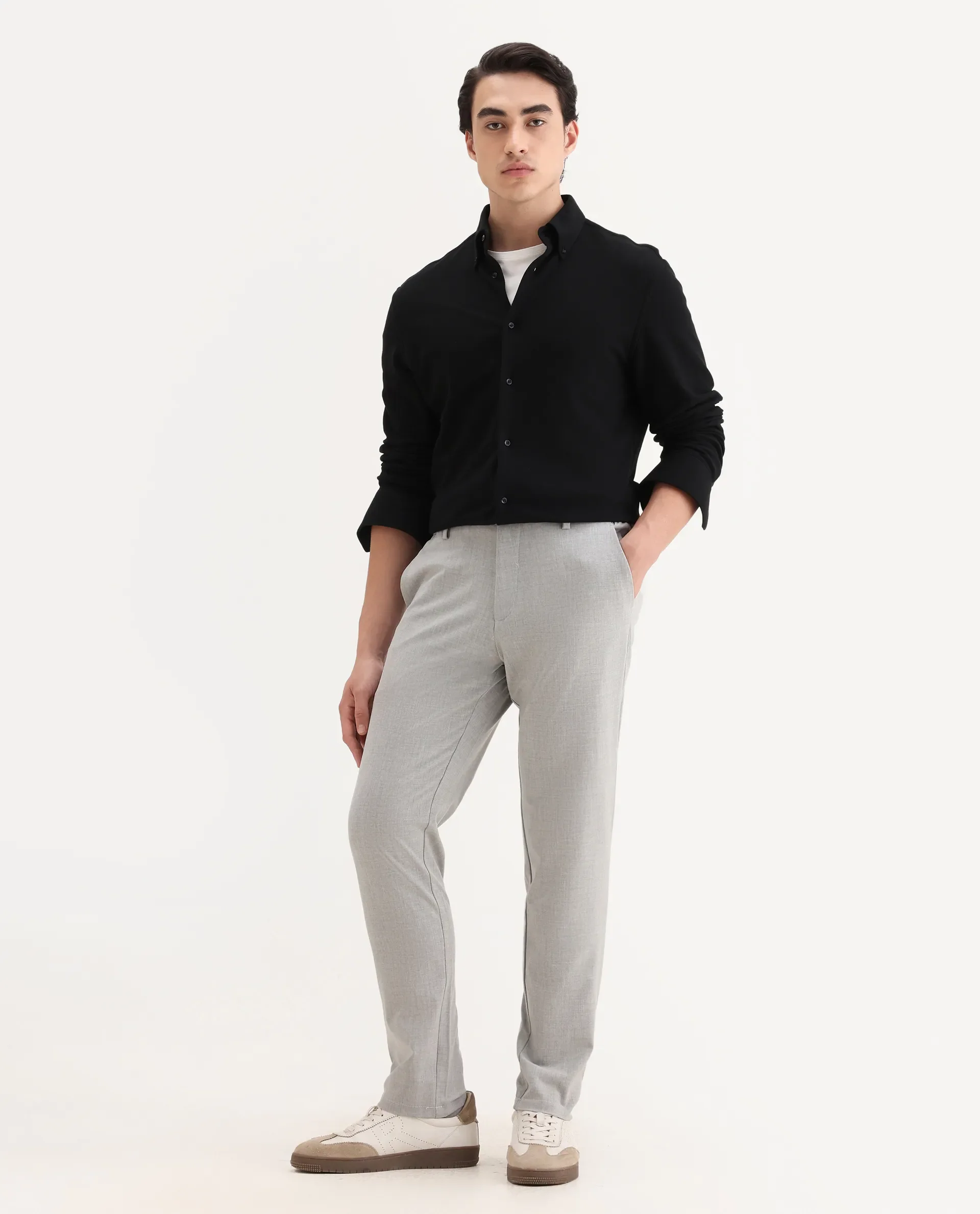 Rare Rabbit Men's Travel-26R Grey Polyester Blend Plain Regular Fit Trouser - Image 5
