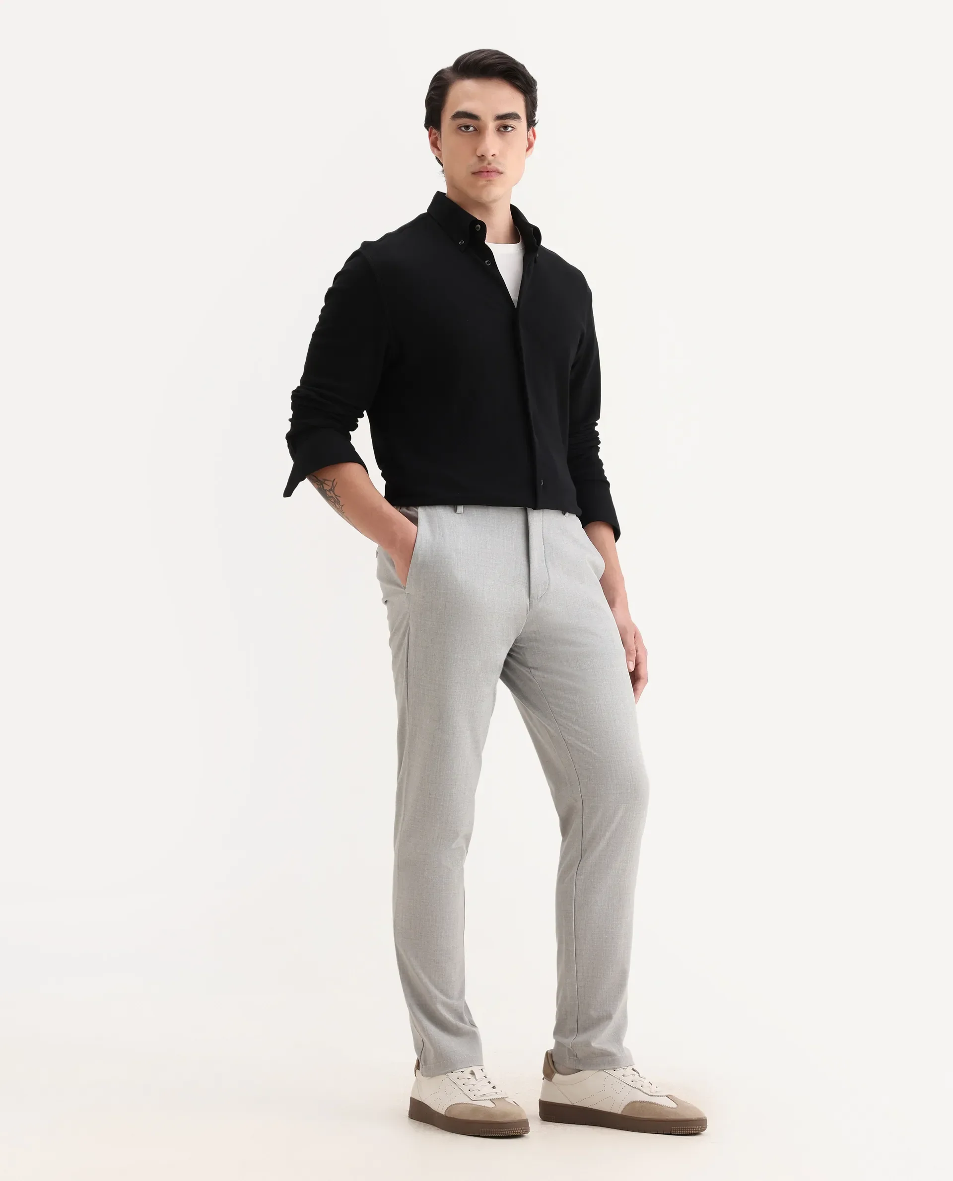 Rare Rabbit Men's Travel-26R Grey Polyester Blend Plain Regular Fit Trouser - Image 6