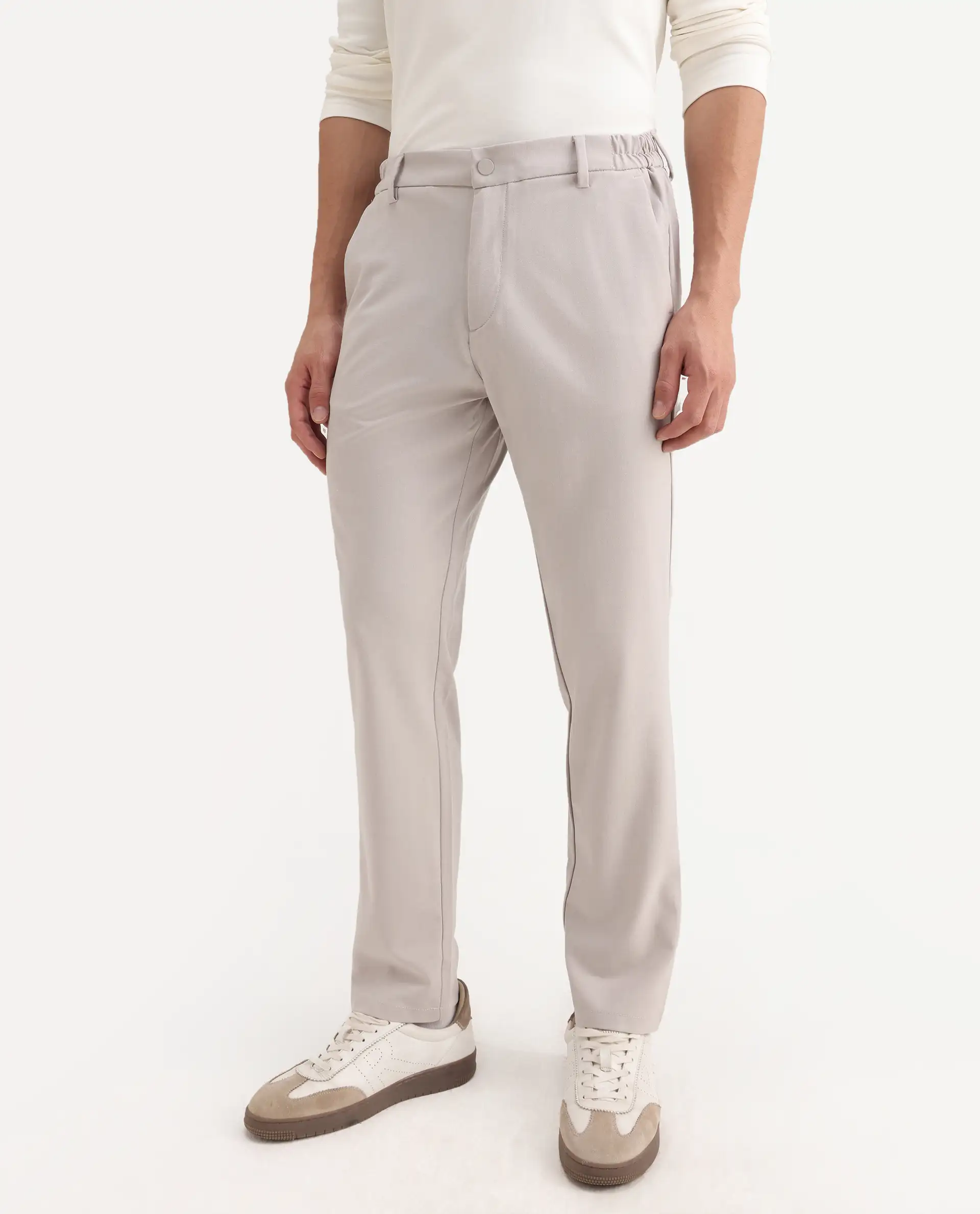 Rare Rabbit Men's Travel-26R Light Beige Polyester Blend Plain Regular Fit Trouser - Image 2