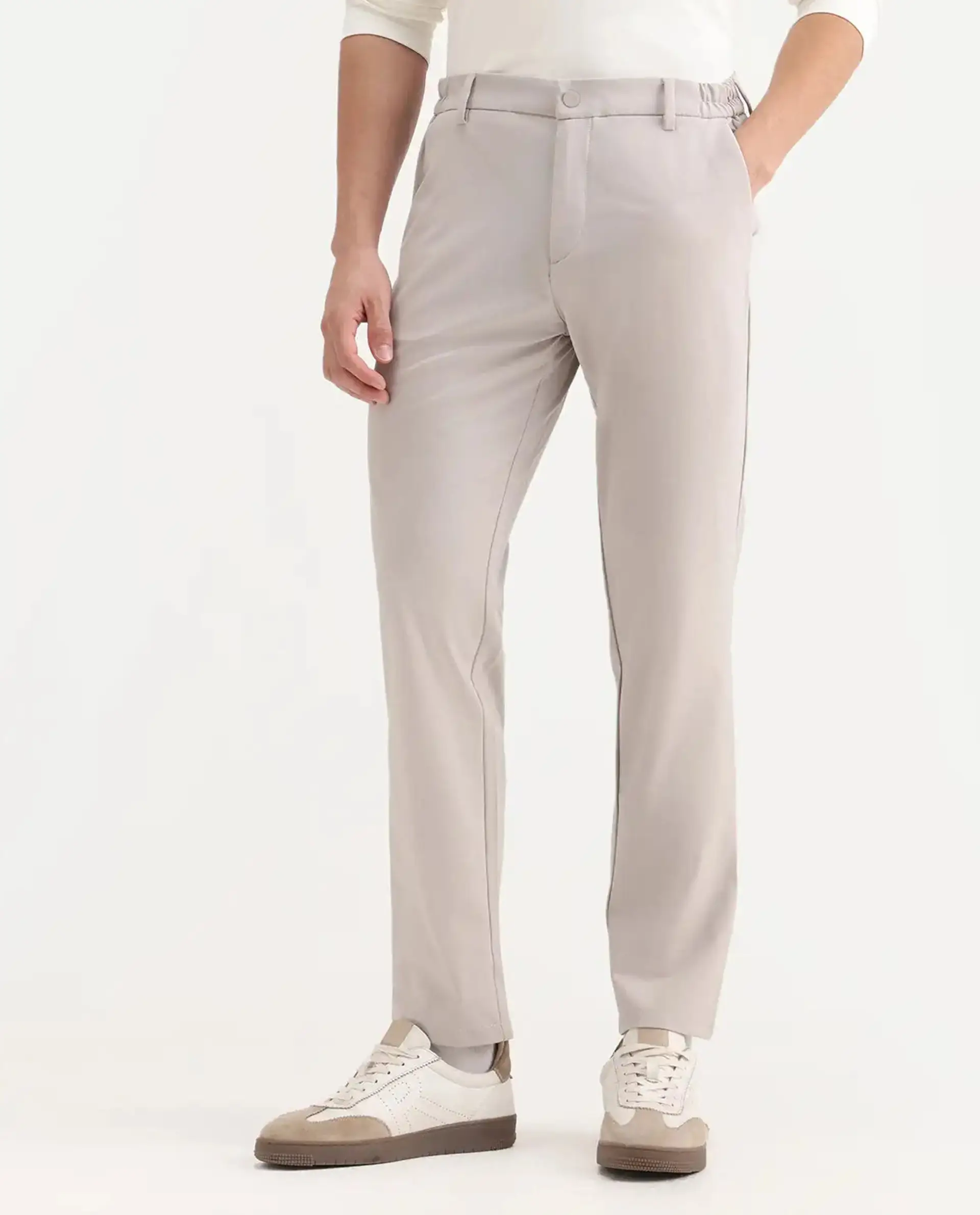Rare Rabbit Men's Travel-26R Light Beige Polyester Blend Plain Regular Fit Trouser - Image 9