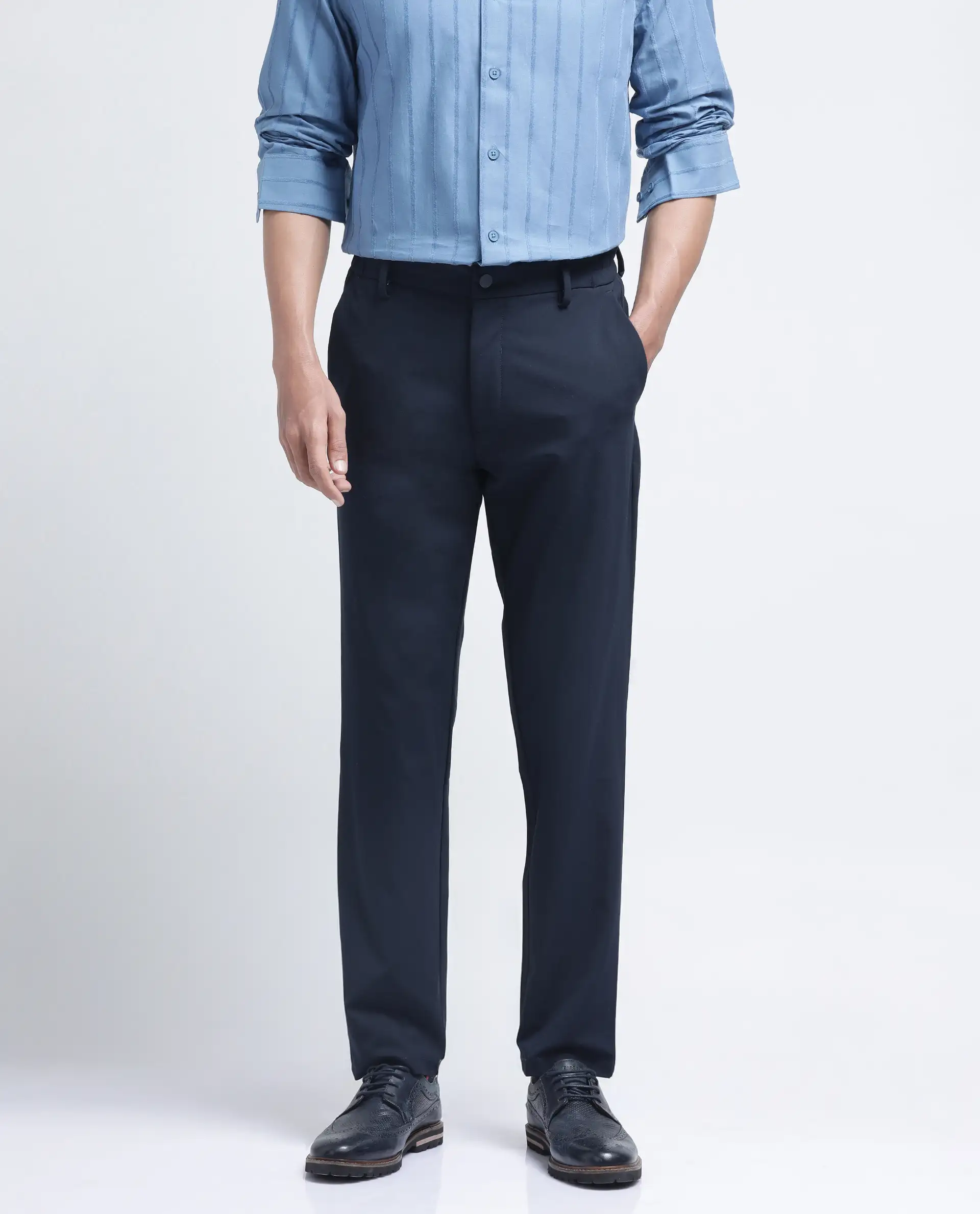 Rare Rabbit Men's Travel-26R Navy Polyester Blend Plain Regular Fit Trouser - Image 2