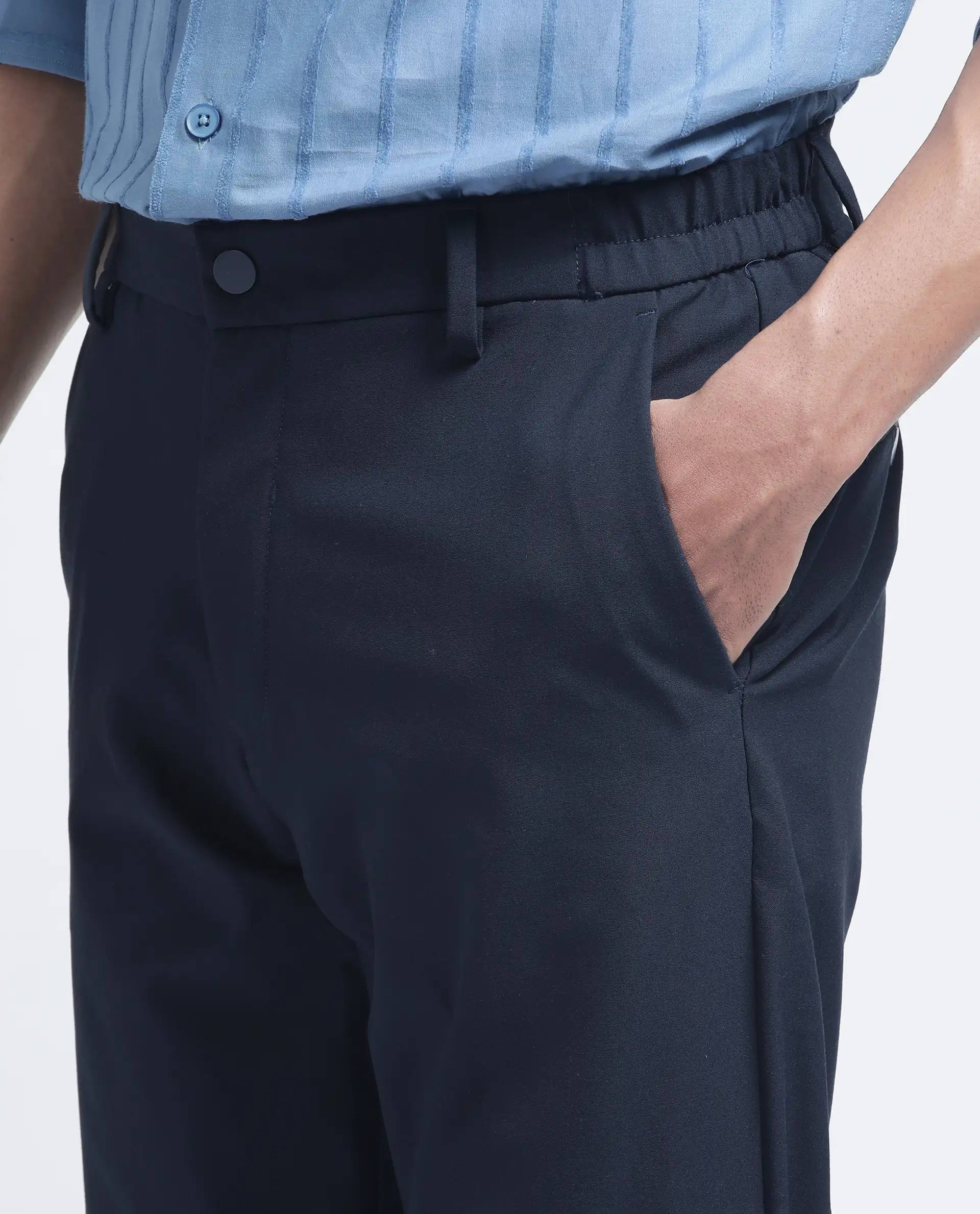 Rare Rabbit Men's Travel-26R Navy Polyester Blend Plain Regular Fit Trouser - Image 3