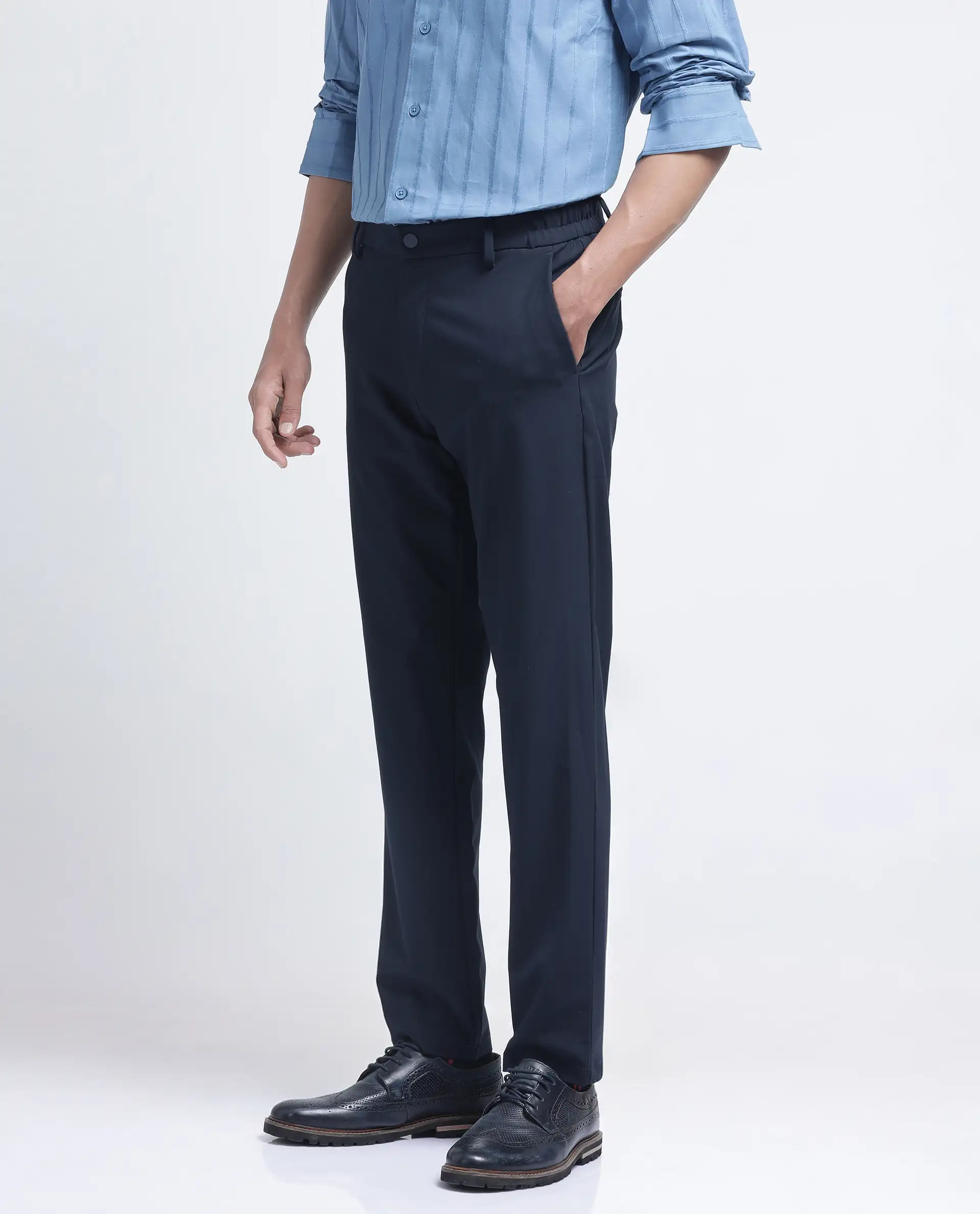 Rare Rabbit Men's Travel-26R Navy Polyester Blend Plain Regular Fit Trouser - Image 6