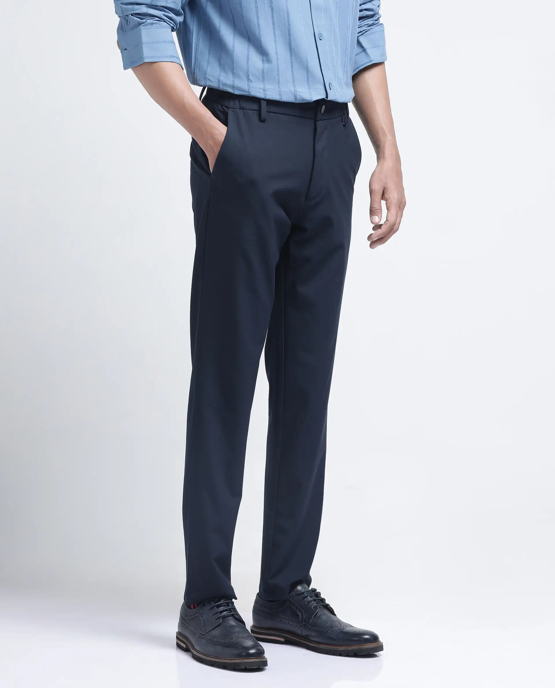 Rare Rabbit Men's Travel-26R Navy Polyester Blend Plain Regular Fit Trouser - Image 7