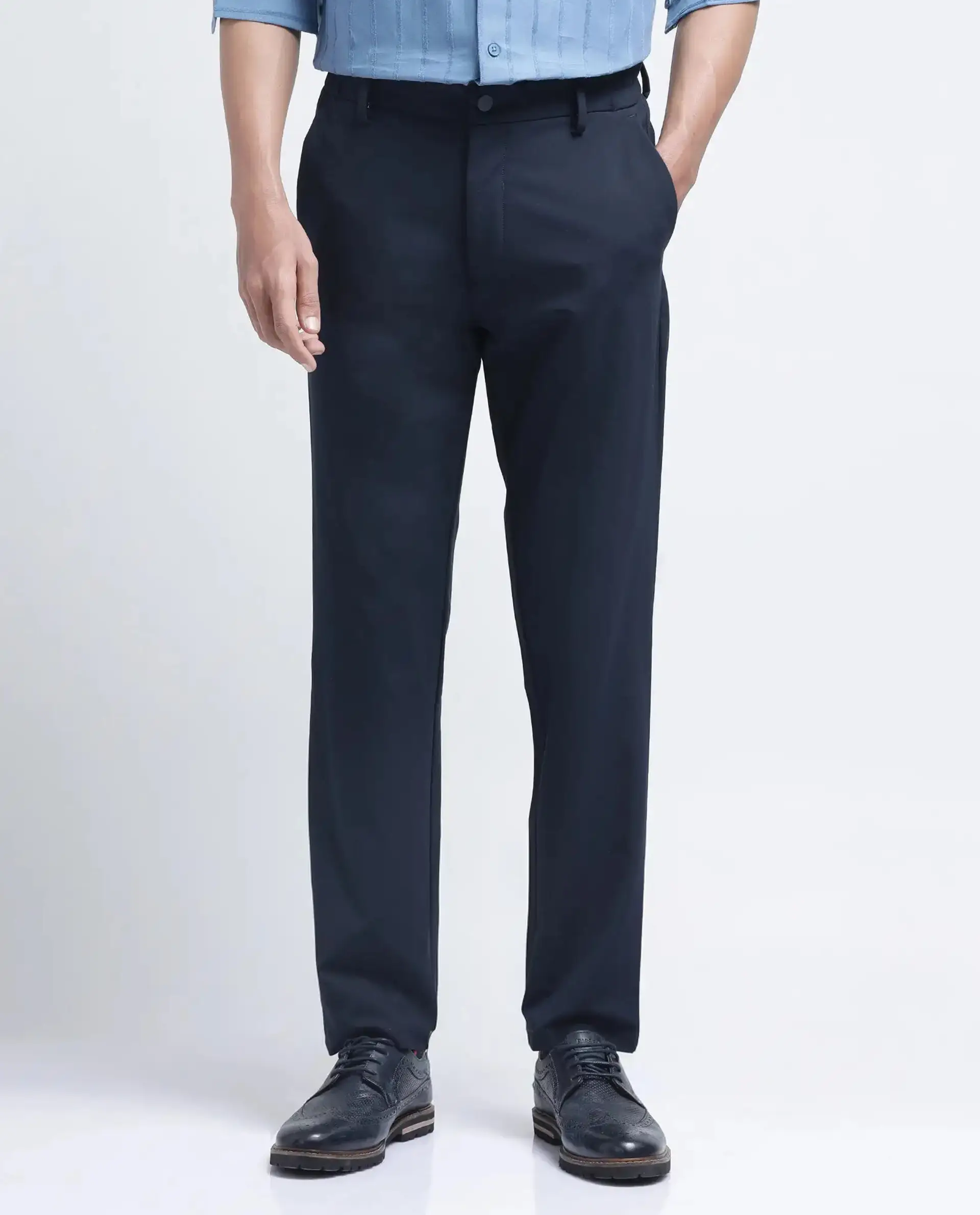 Rare Rabbit Men's Travel-26R Navy Polyester Blend Plain Regular Fit Trouser - Image 9