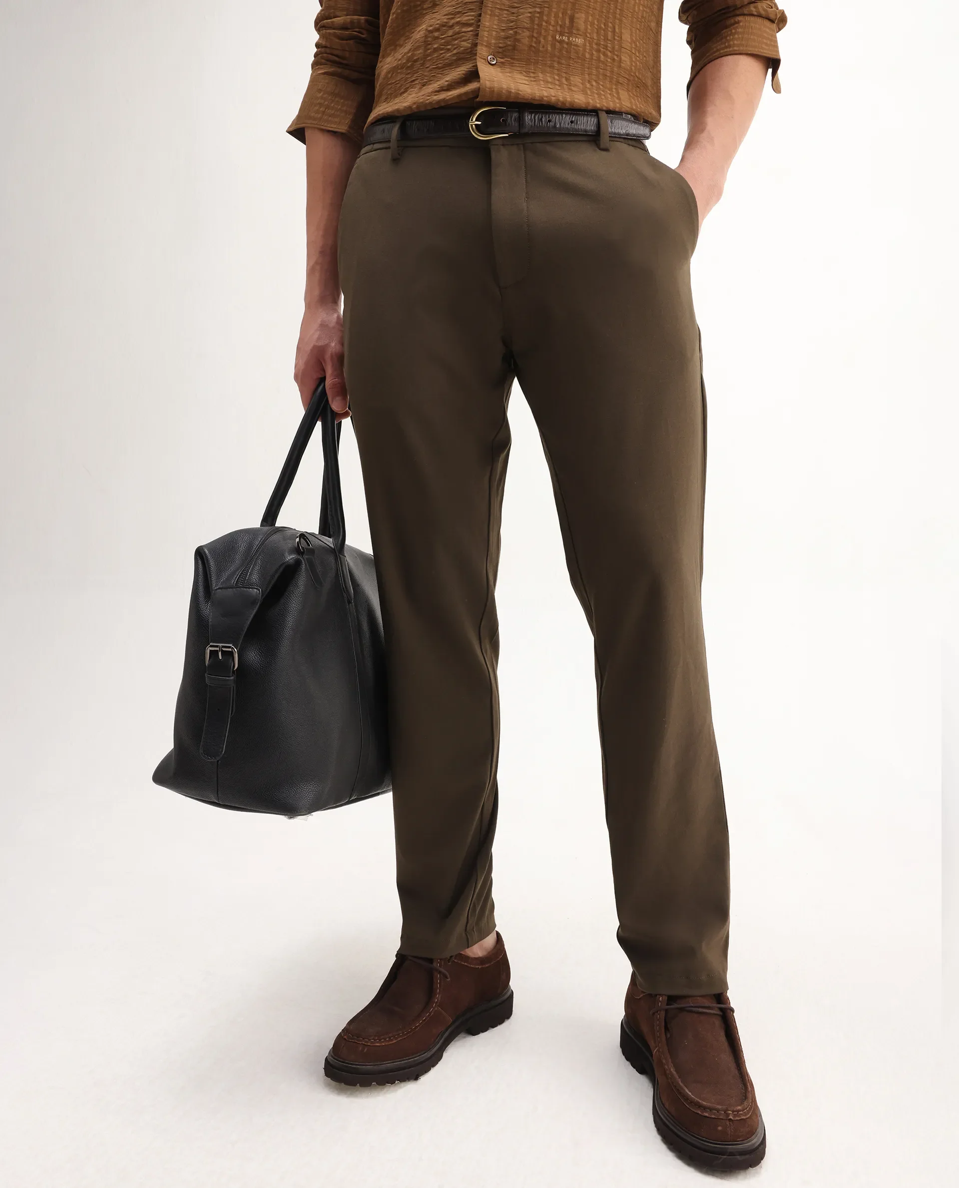 Rare Rabbit Men's Travel-Aw25 Dark Brown Polyester Blend Plain Regular Fit Trouser - Image 2
