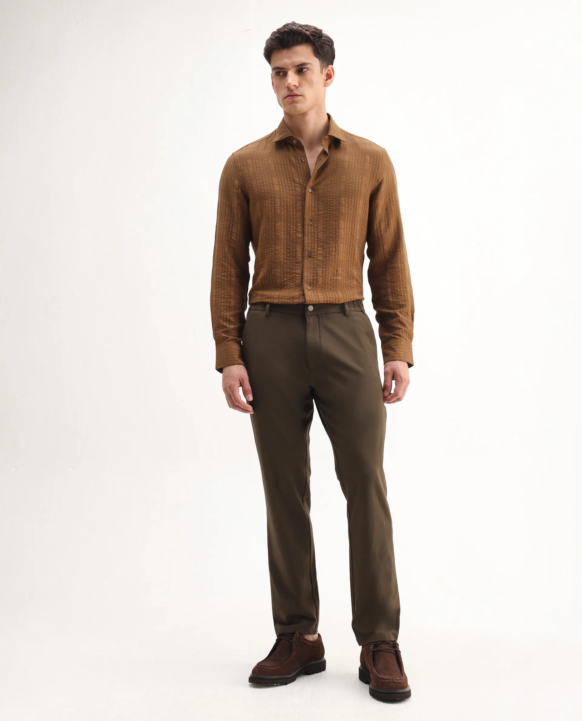 Rare Rabbit Men's Travel-Aw25 Dark Brown Polyester Blend Plain Regular Fit Trouser - Image 4