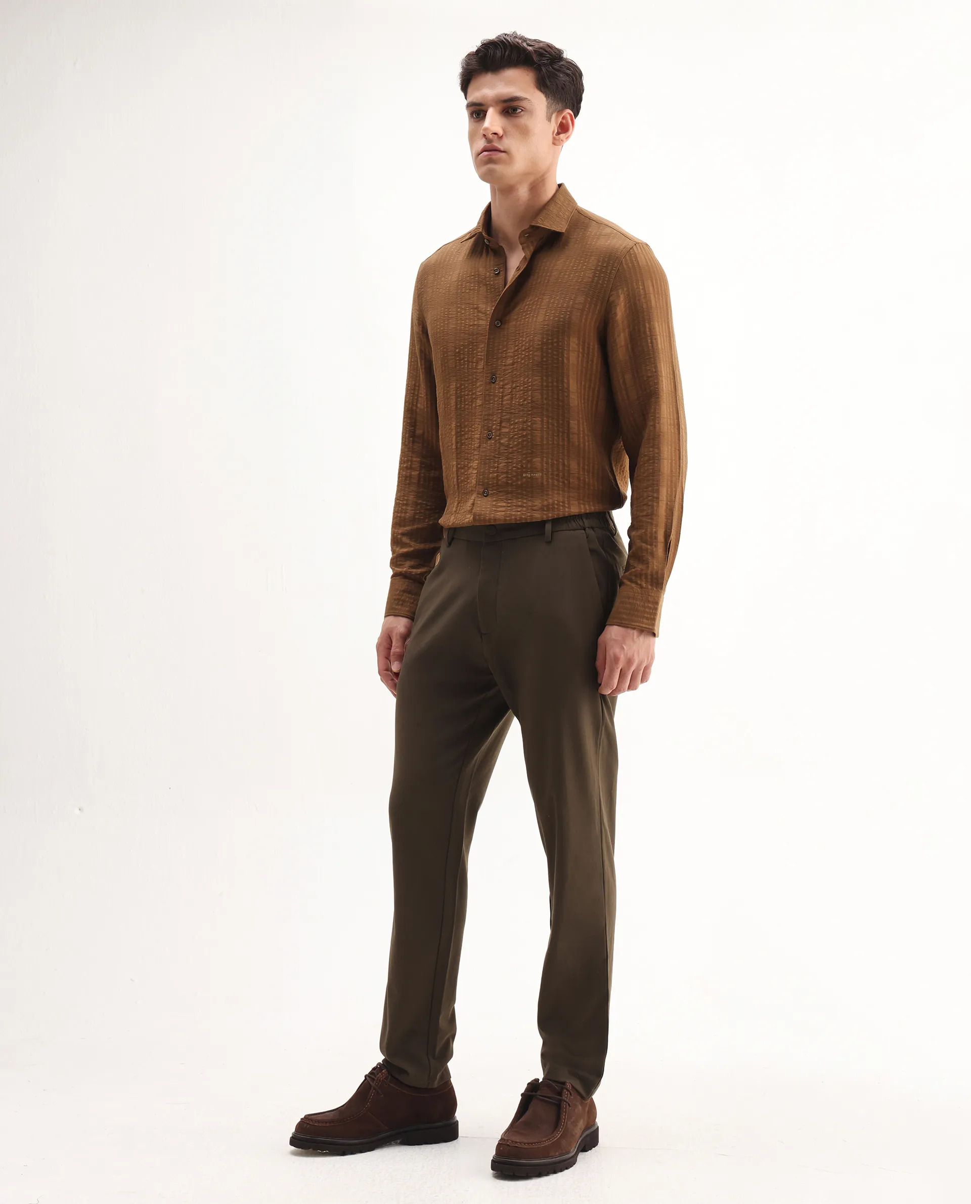 Rare Rabbit Men's Travel-Aw25 Dark Brown Polyester Blend Plain Regular Fit Trouser - Image 5