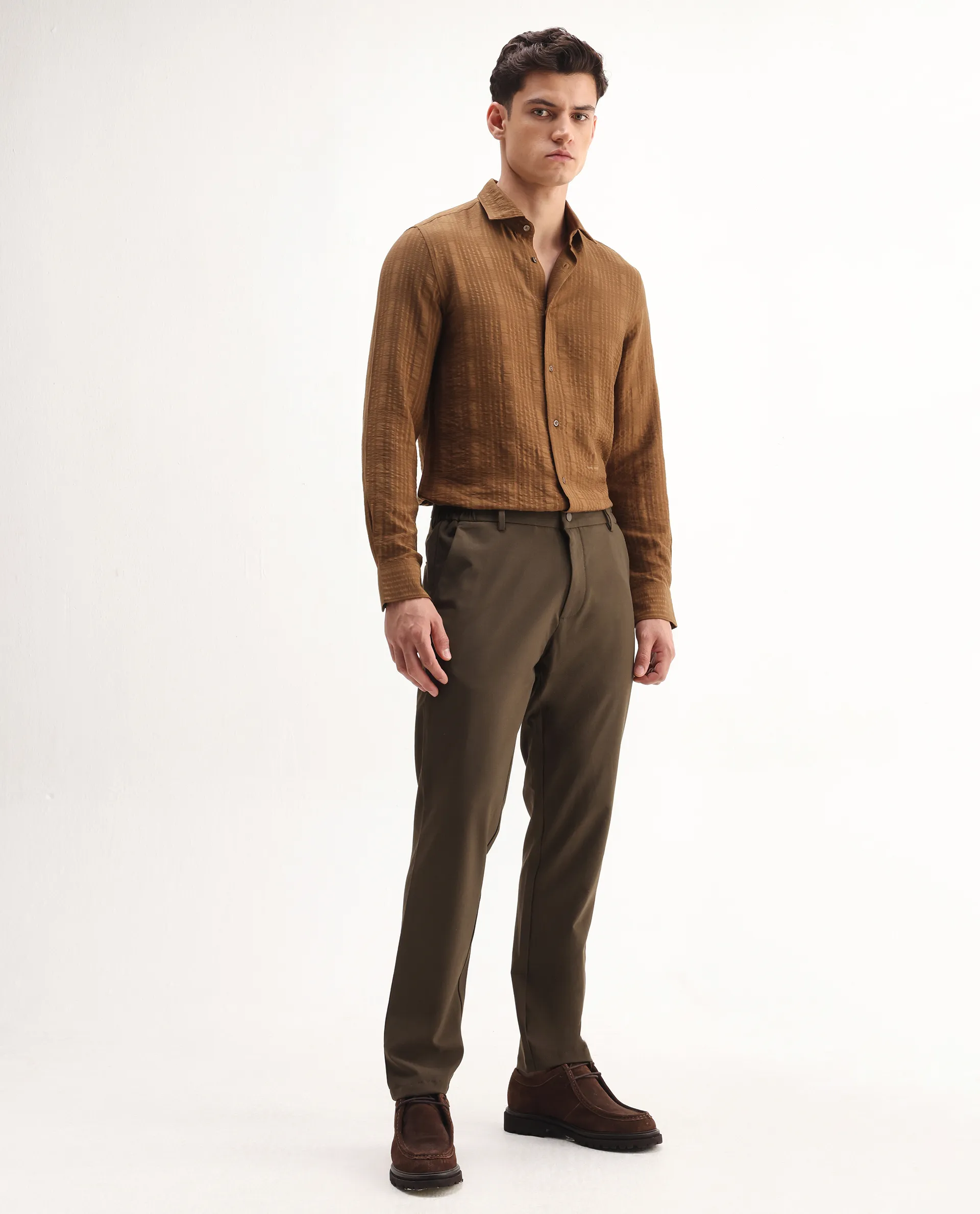 Rare Rabbit Men's Travel-Aw25 Dark Brown Polyester Blend Plain Regular Fit Trouser - Image 6