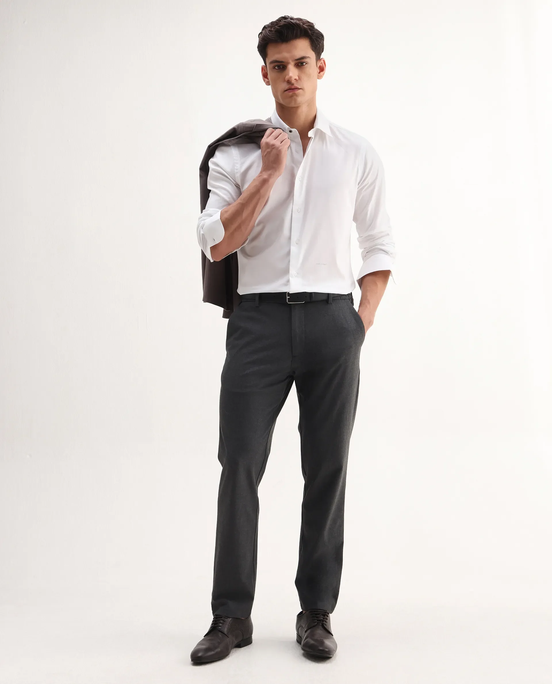 Rare Rabbit Men's Travel-Aw25 Dark Grey Polyester Blend Plain Regular Fit Trouser