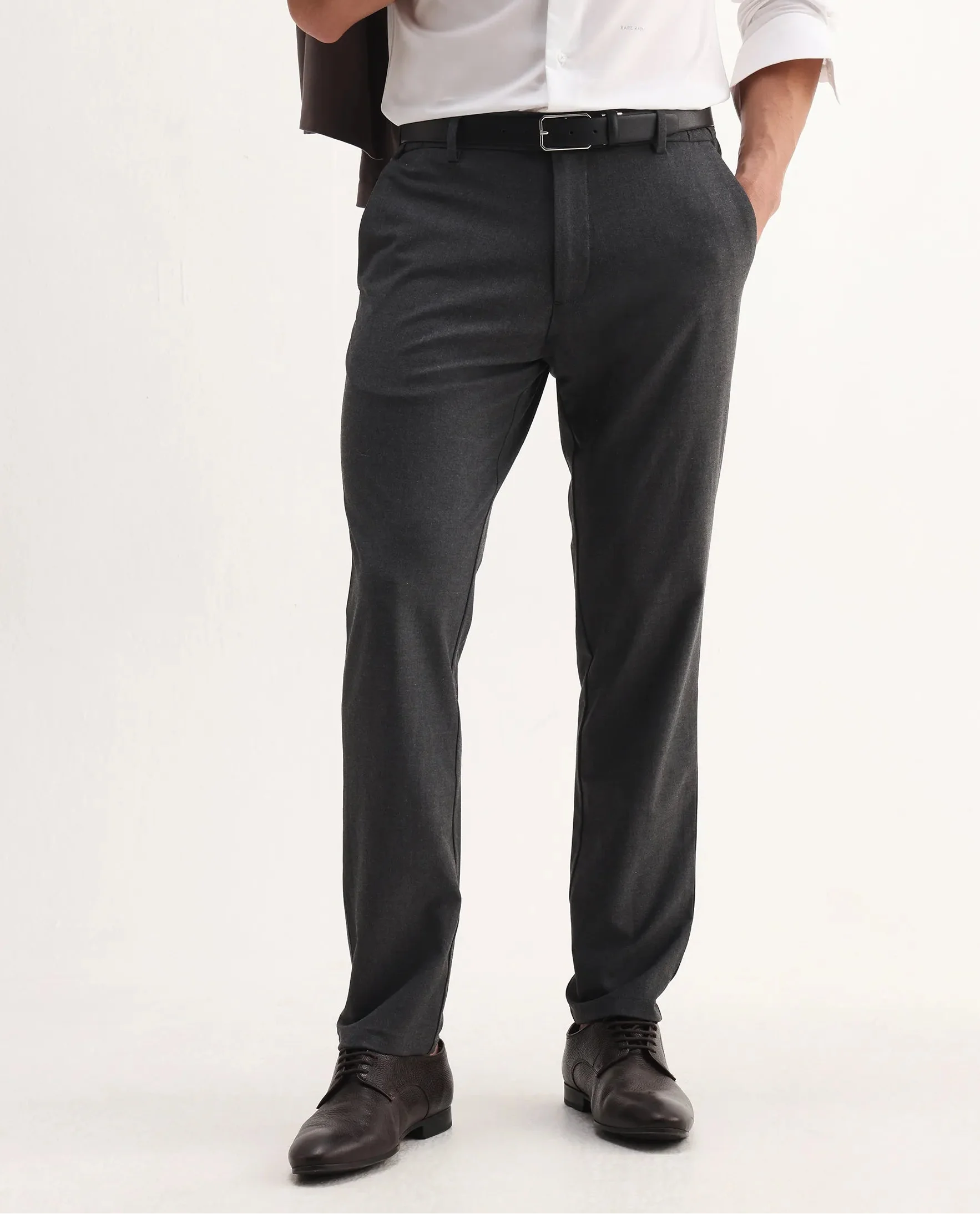 Rare Rabbit Men's Travel-Aw25 Dark Grey Polyester Blend Plain Regular Fit Trouser - Image 2