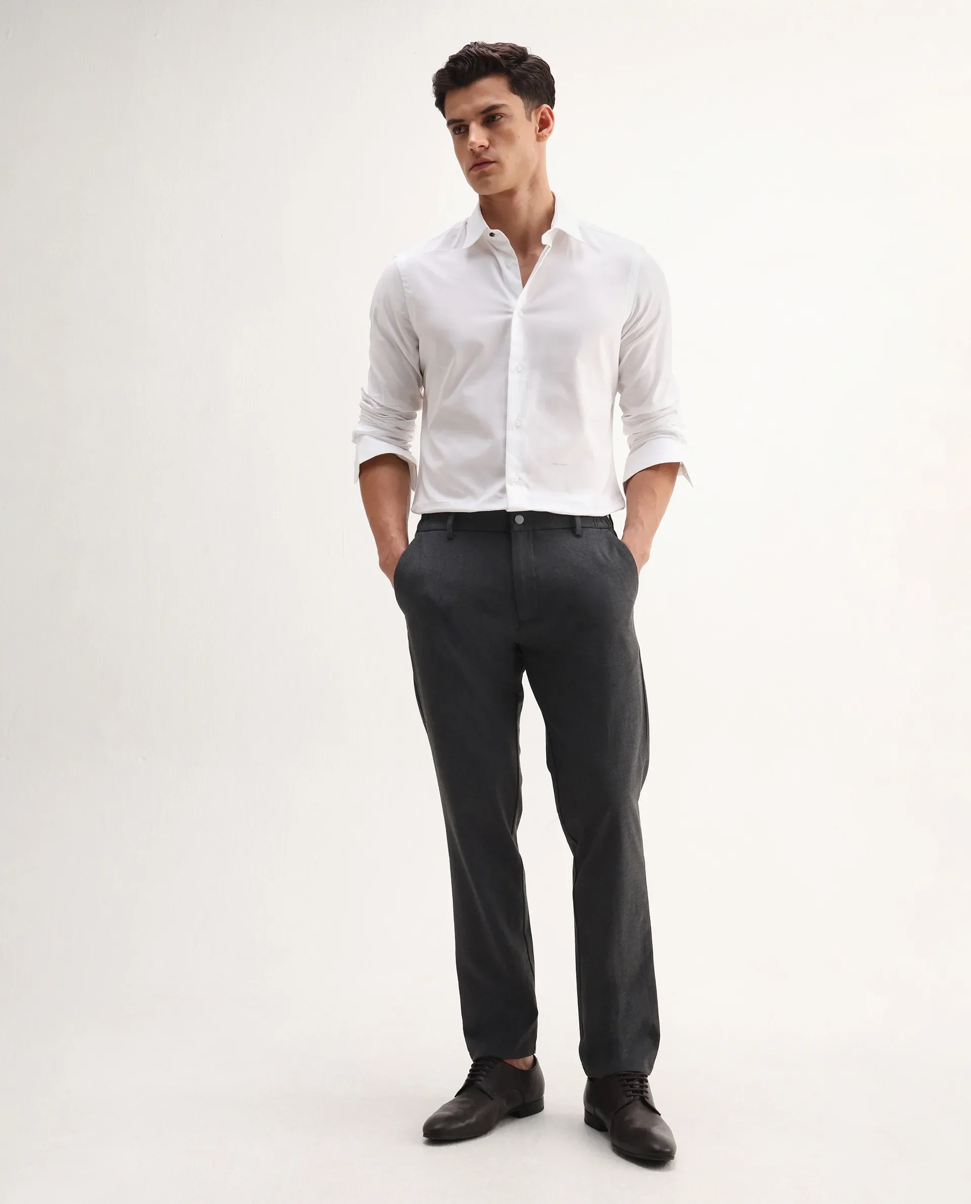 Rare Rabbit Men's Travel-Aw25 Dark Grey Polyester Blend Plain Regular Fit Trouser - Image 4