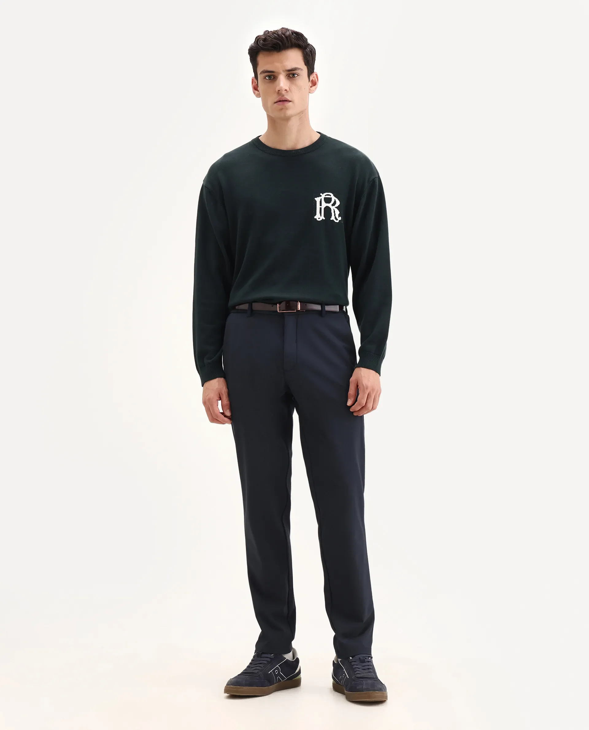Rare Rabbit Men Travel-Aw25 Dark Navy Polyester Blend Plain Regular Fit Trouser