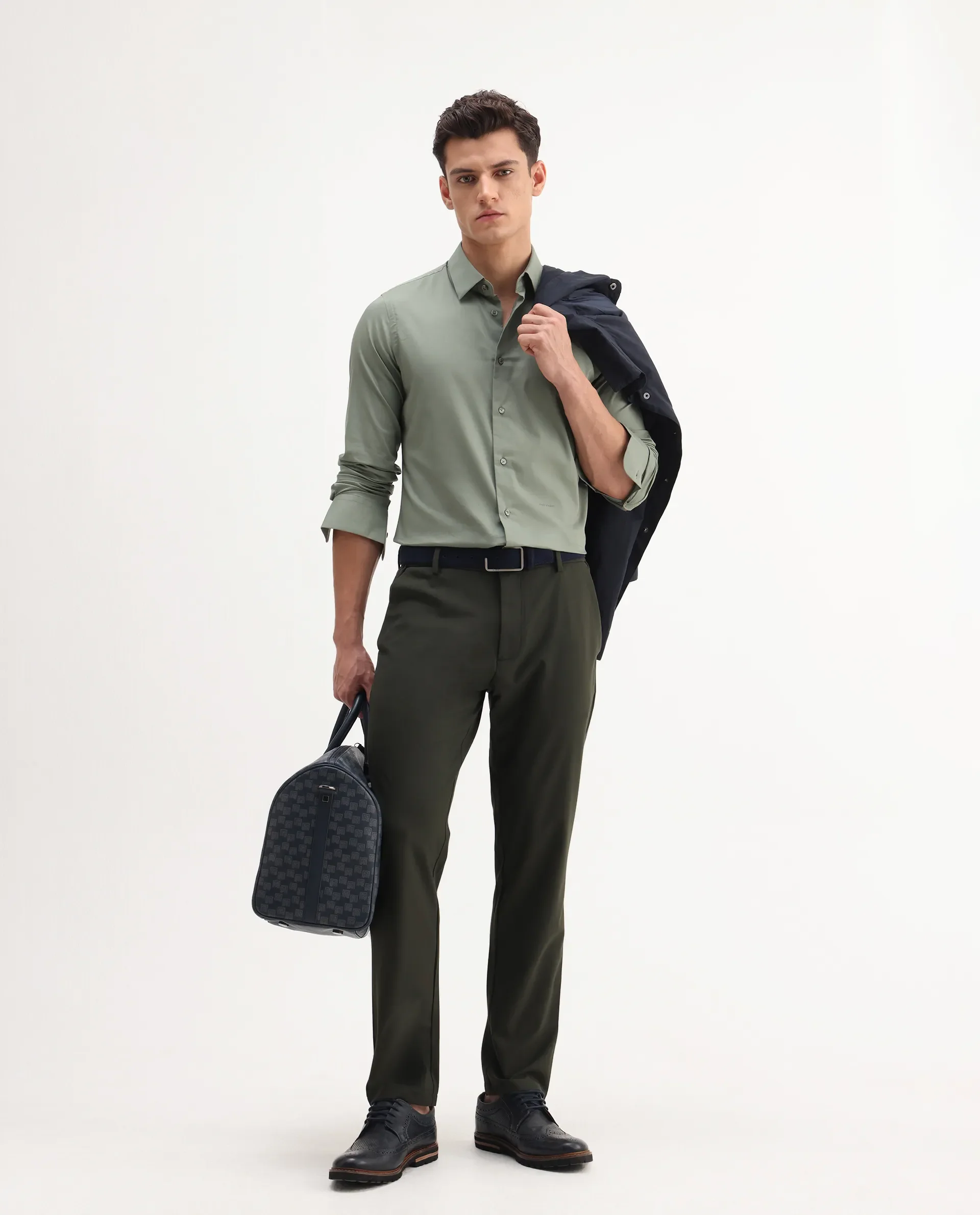 Rare Rabbit Men Travel-Aw25 Green Polyester Fabric Button And Zip Closure Closure Plain Trouser