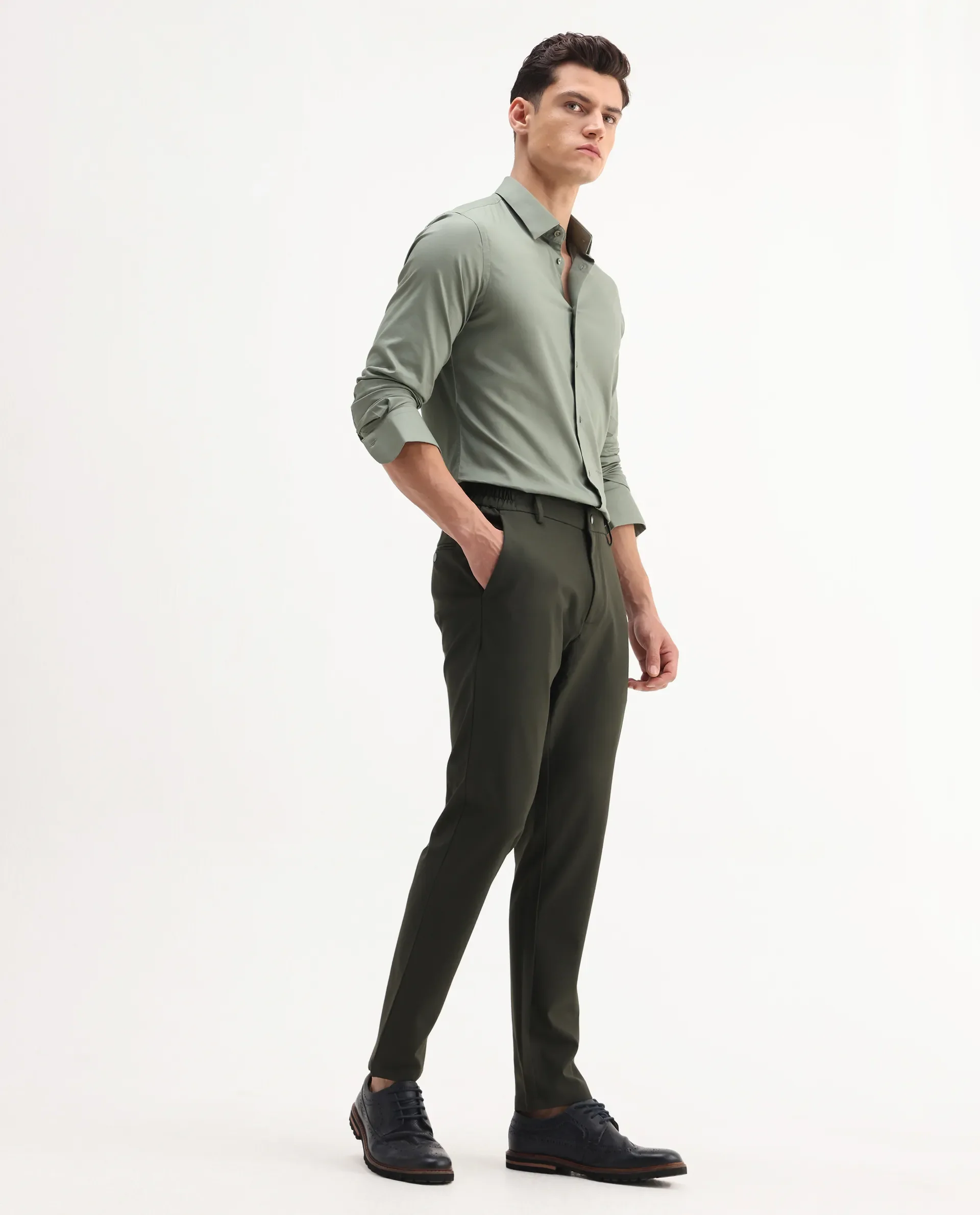 Rare Rabbit Men Travel-Aw25 Green Polyester Fabric Button And Zip Closure Closure Plain Trouser - Image 5