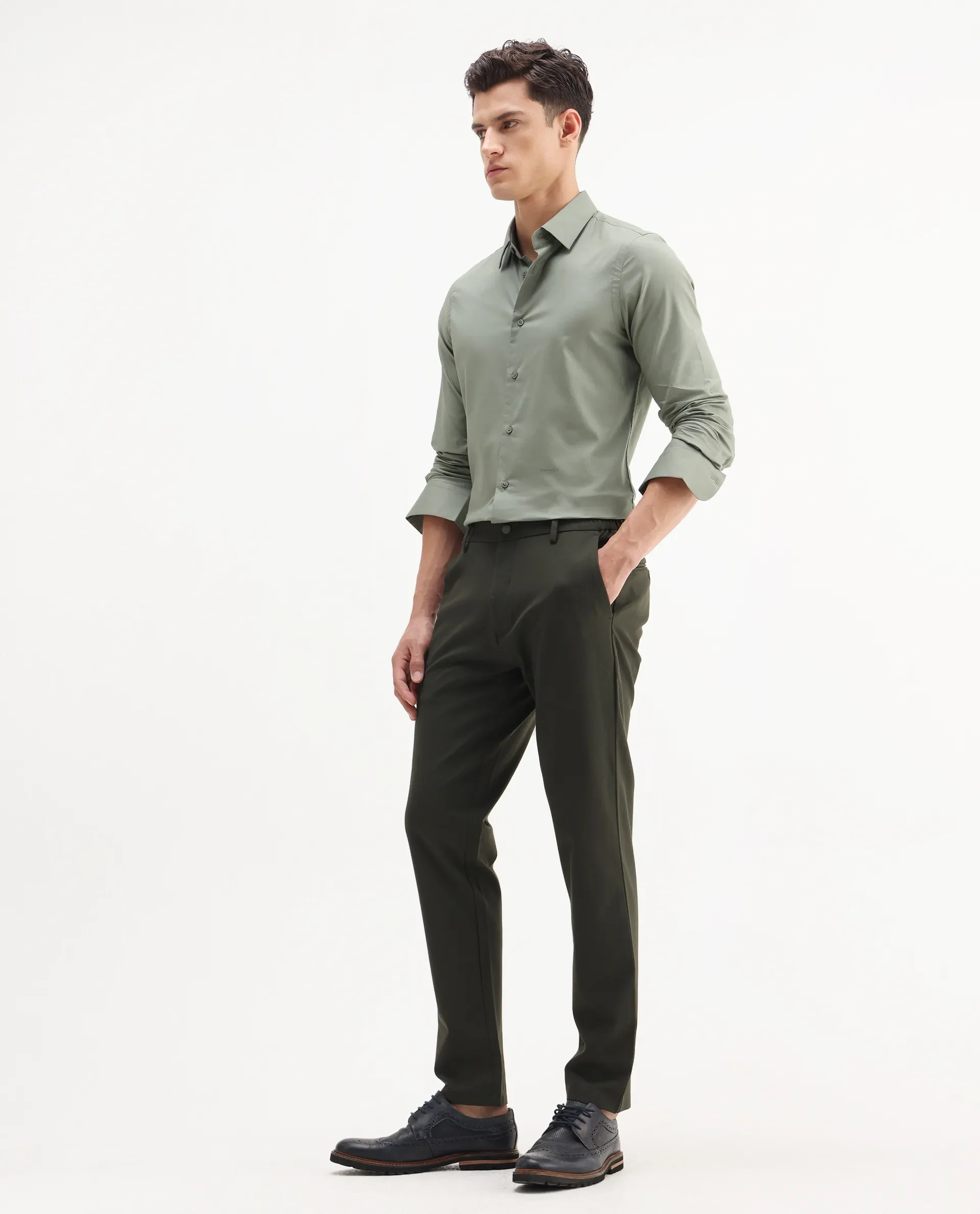 Rare Rabbit Men Travel-Aw25 Green Polyester Fabric Button And Zip Closure Closure Plain Trouser - Image 7