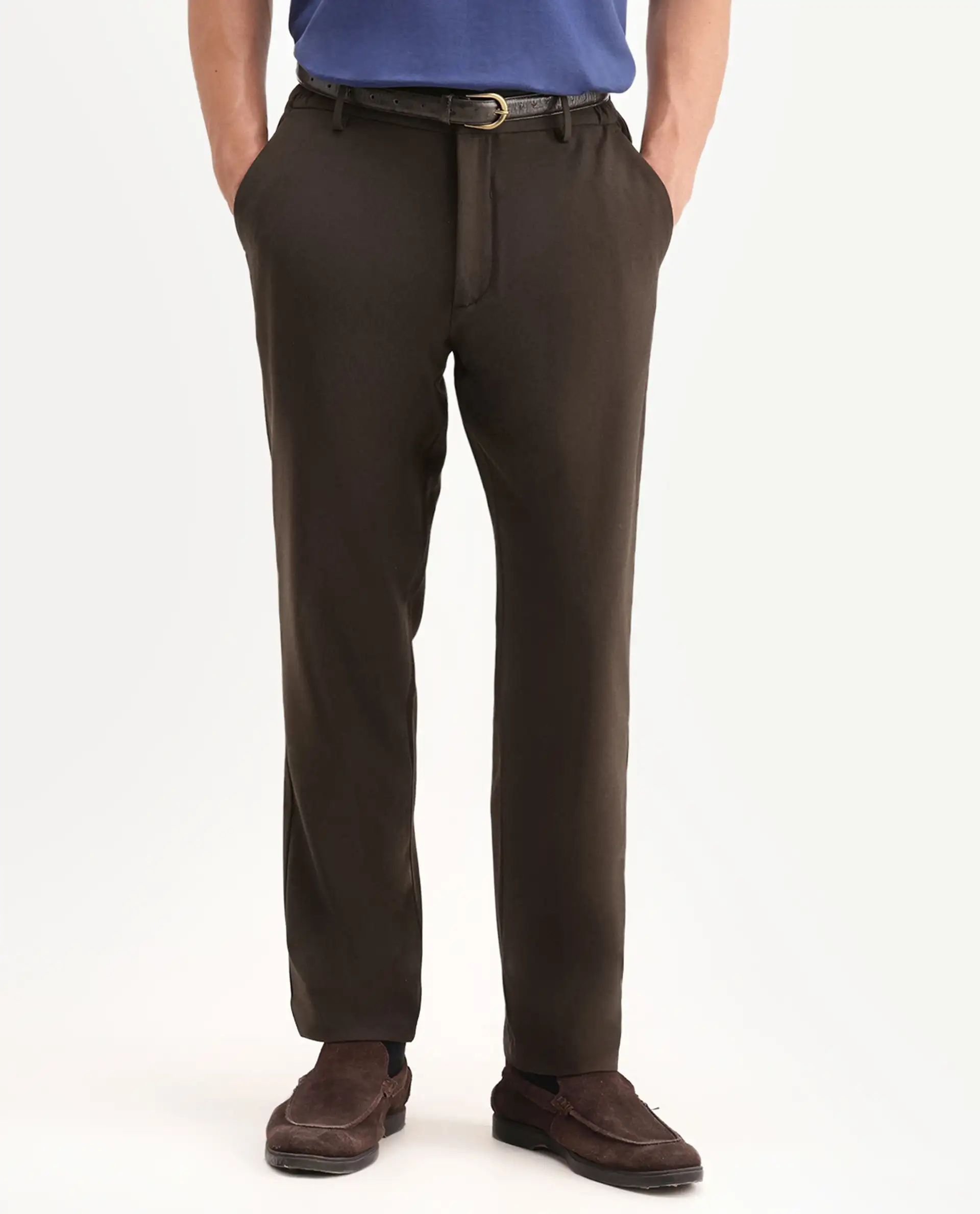 Rare Rabbit Men's Travel-Aw26 Dark Brown Polyester Blend Fabric Regular Fit Plain Trouser - Image 2