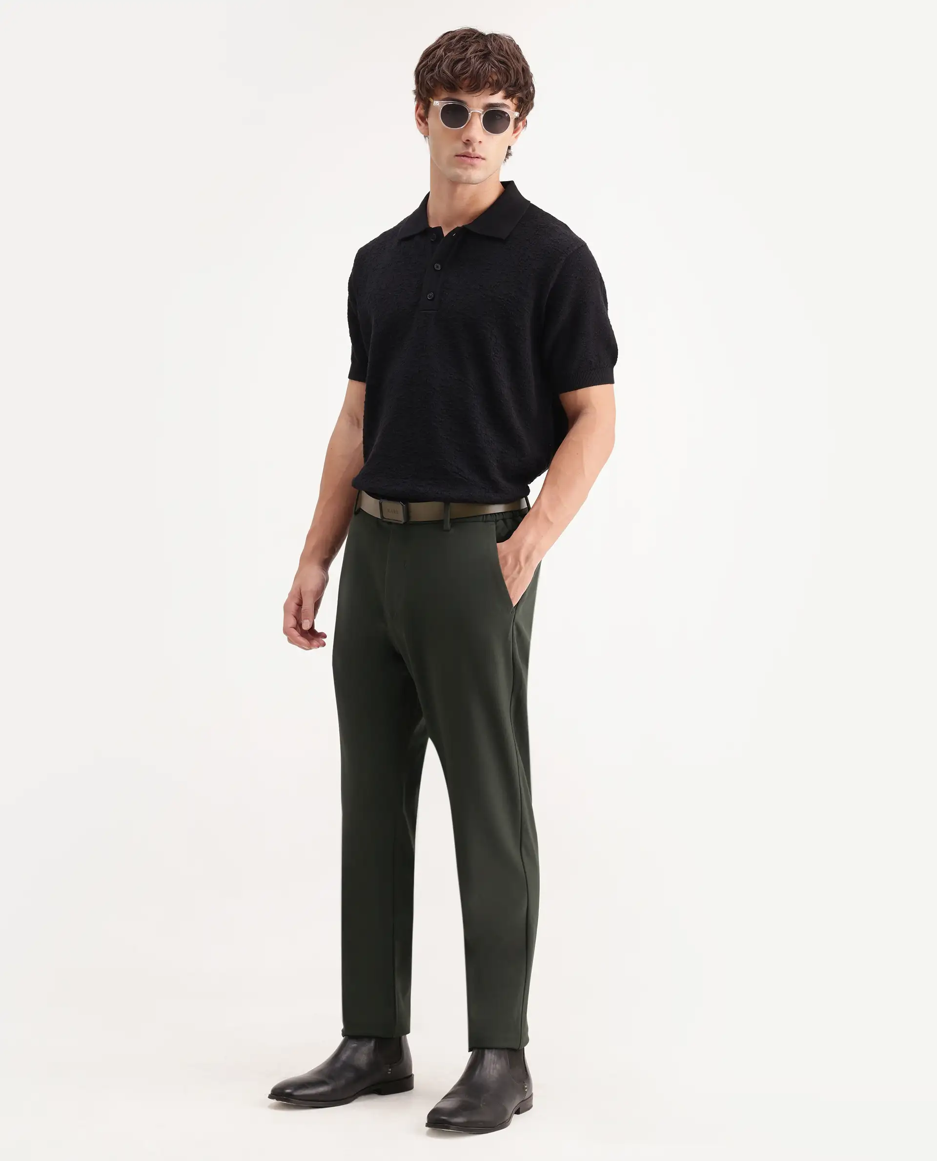 Rare Rabbit Men's Travel-Aw26 Dark Olive Polyester Blend Fabric Regular Fit Plain Trouser - Image 4