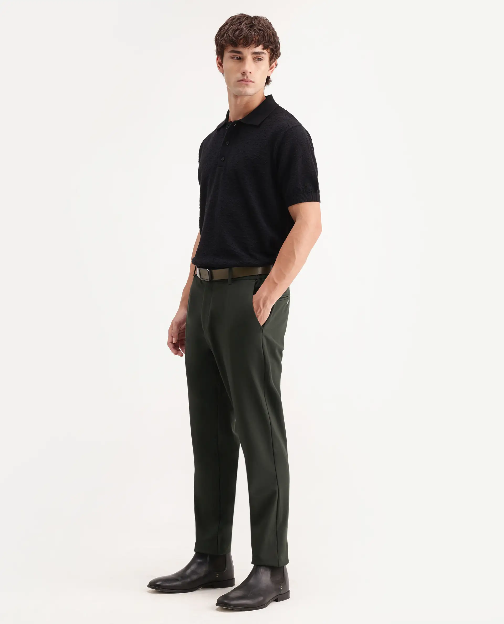 Rare Rabbit Men's Travel-Aw26 Dark Olive Polyester Blend Fabric Regular Fit Plain Trouser - Image 5