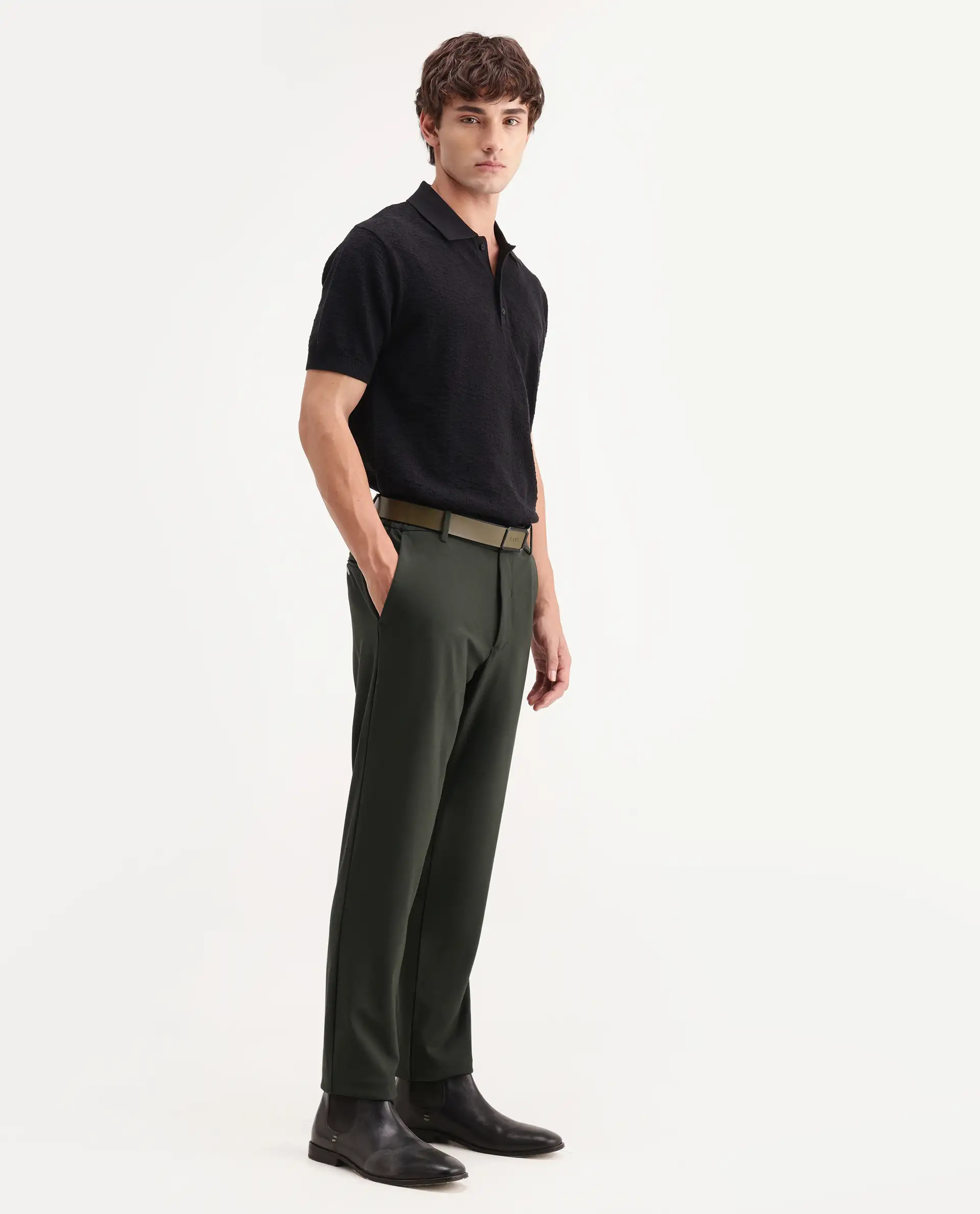 Rare Rabbit Men's Travel-Aw26 Dark Olive Polyester Blend Fabric Regular Fit Plain Trouser - Image 6