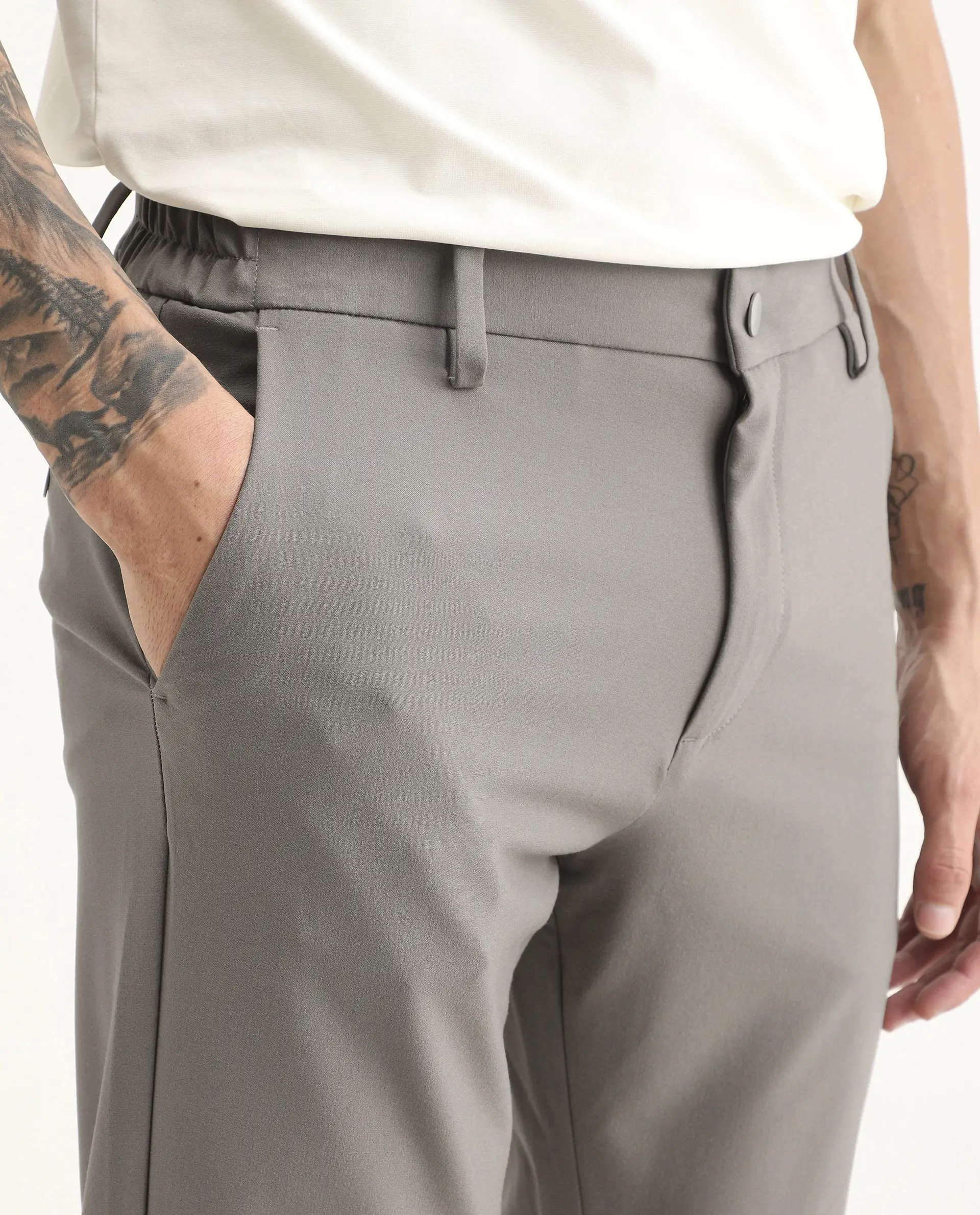 Rare Rabbit Men's Travel-Ss26 Dark Beige Polyester Fabric Button And Zip Closure Closure Plain Trouser - Image 3