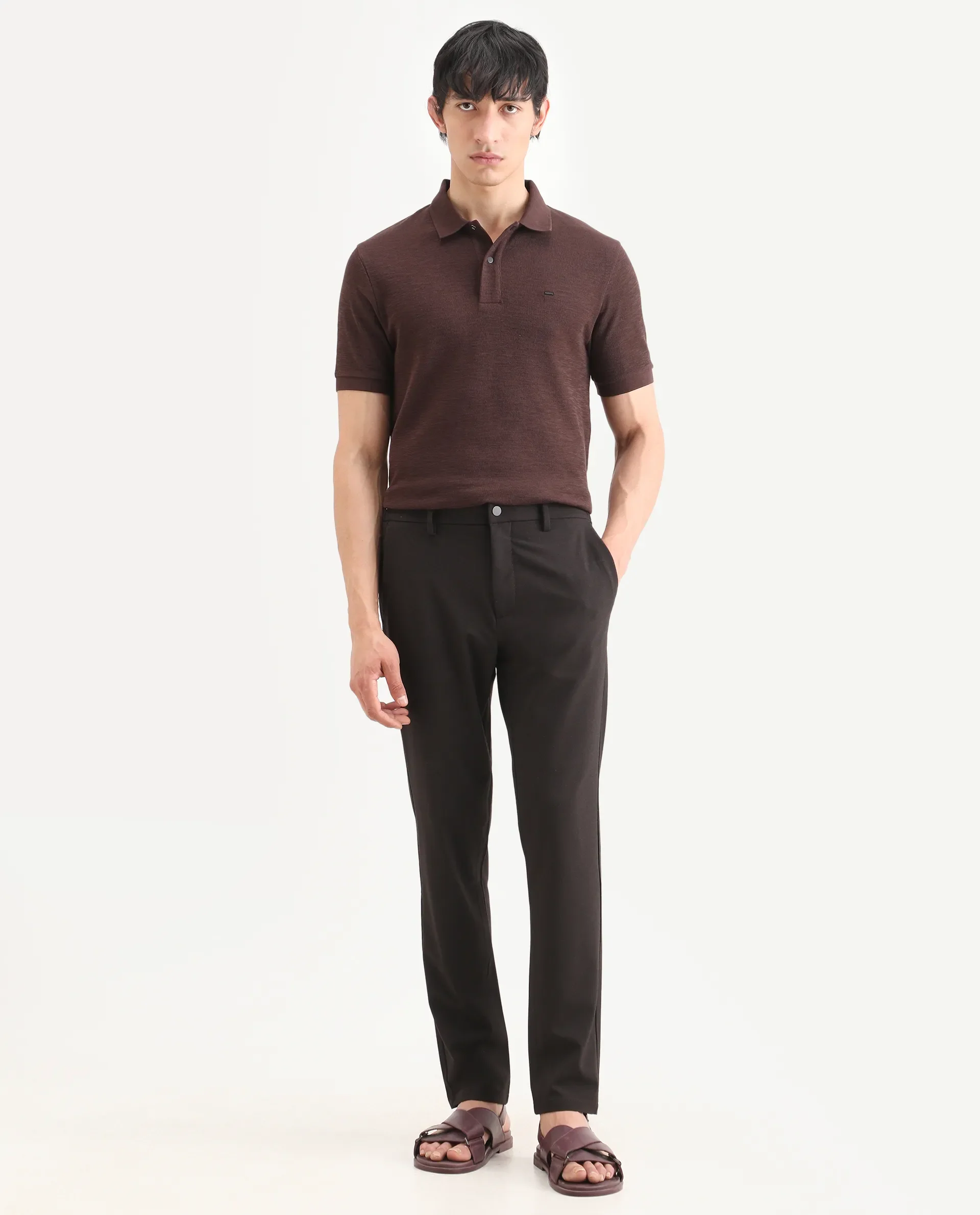 Rare Rabbit Men's Travel-Ss26 Dark Brown Polyester Fabric Button And Zip Closure Closure Plain Trouser - Image 4