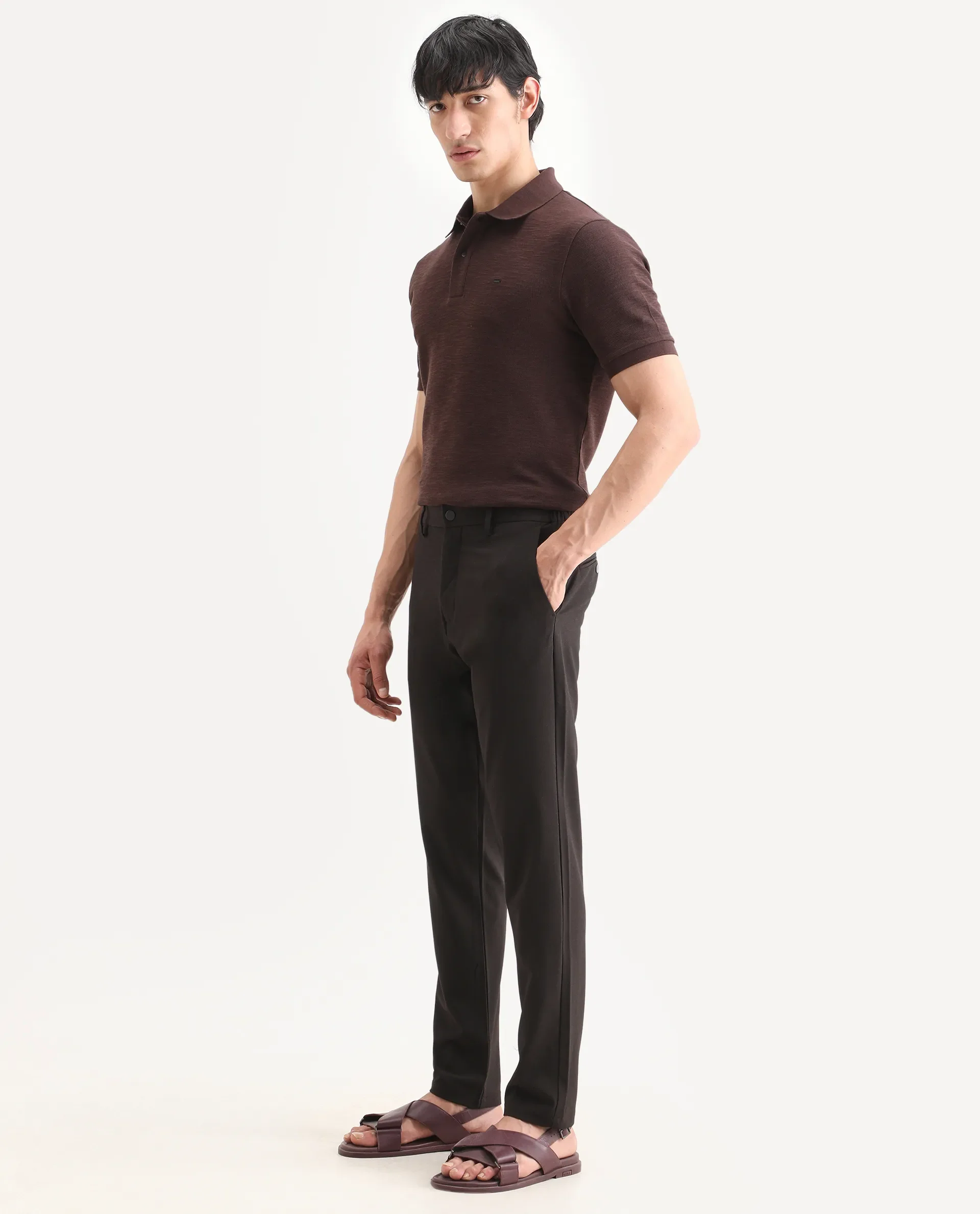 Rare Rabbit Men's Travel-Ss26 Dark Brown Polyester Fabric Button And Zip Closure Closure Plain Trouser - Image 6