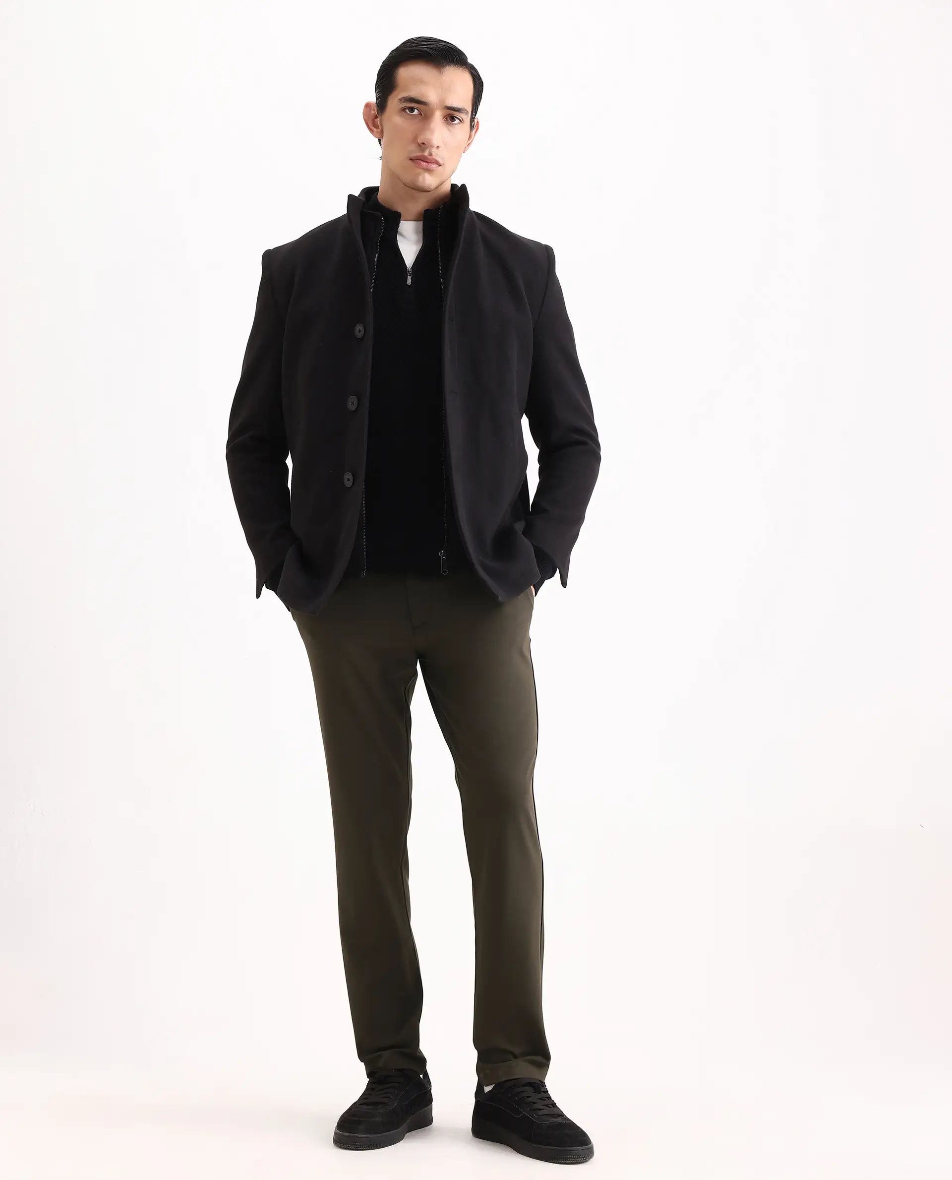 Rare Rabbit Men's Travel-Ss26 Dark Olive Polyester Fabric Button And Zip Closure Closure Plain Trouser