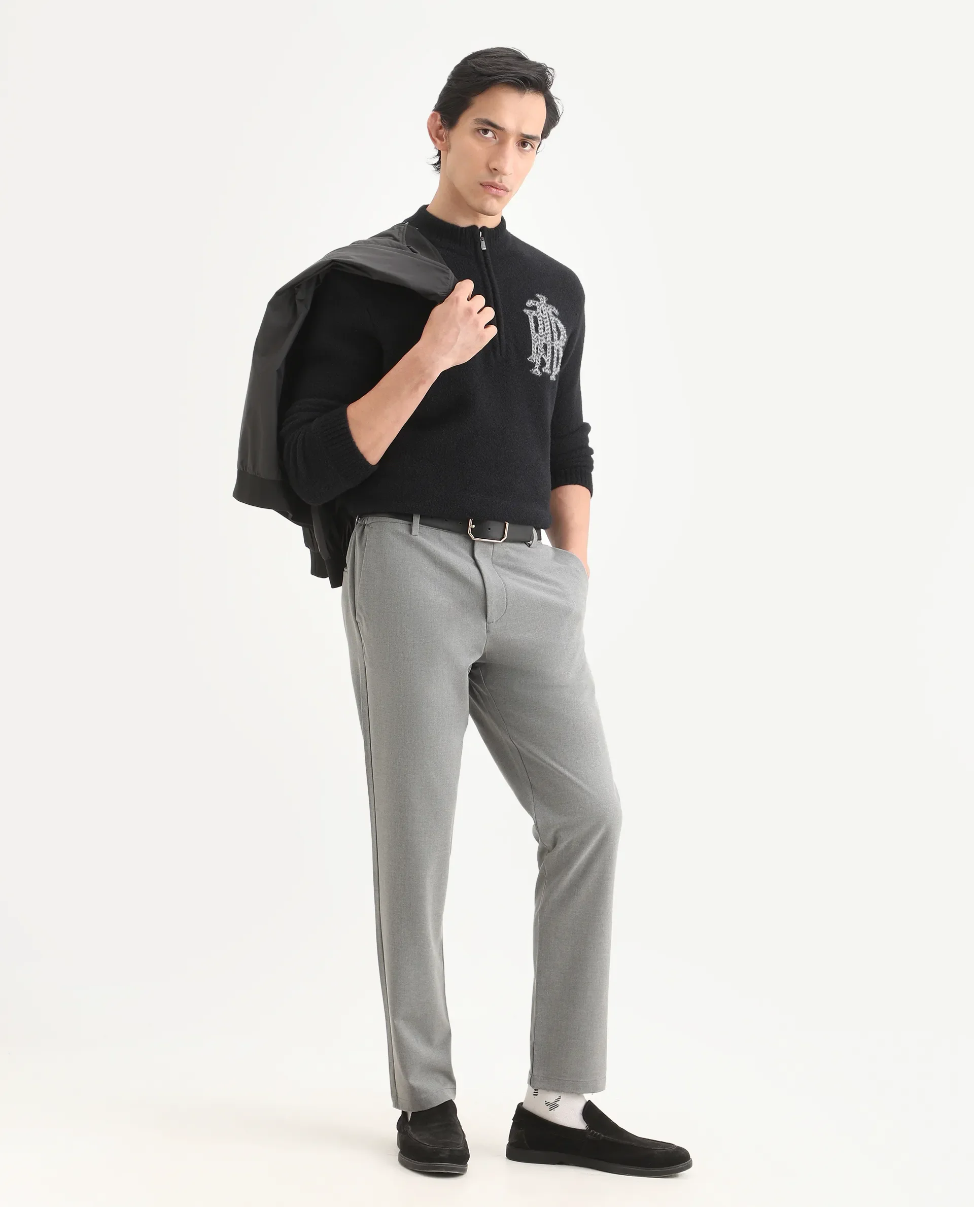 Rare Rabbit Men's Travel-Ss26 Grey Polyester Fabric Button And Zip Closure Closure Plain Trouser