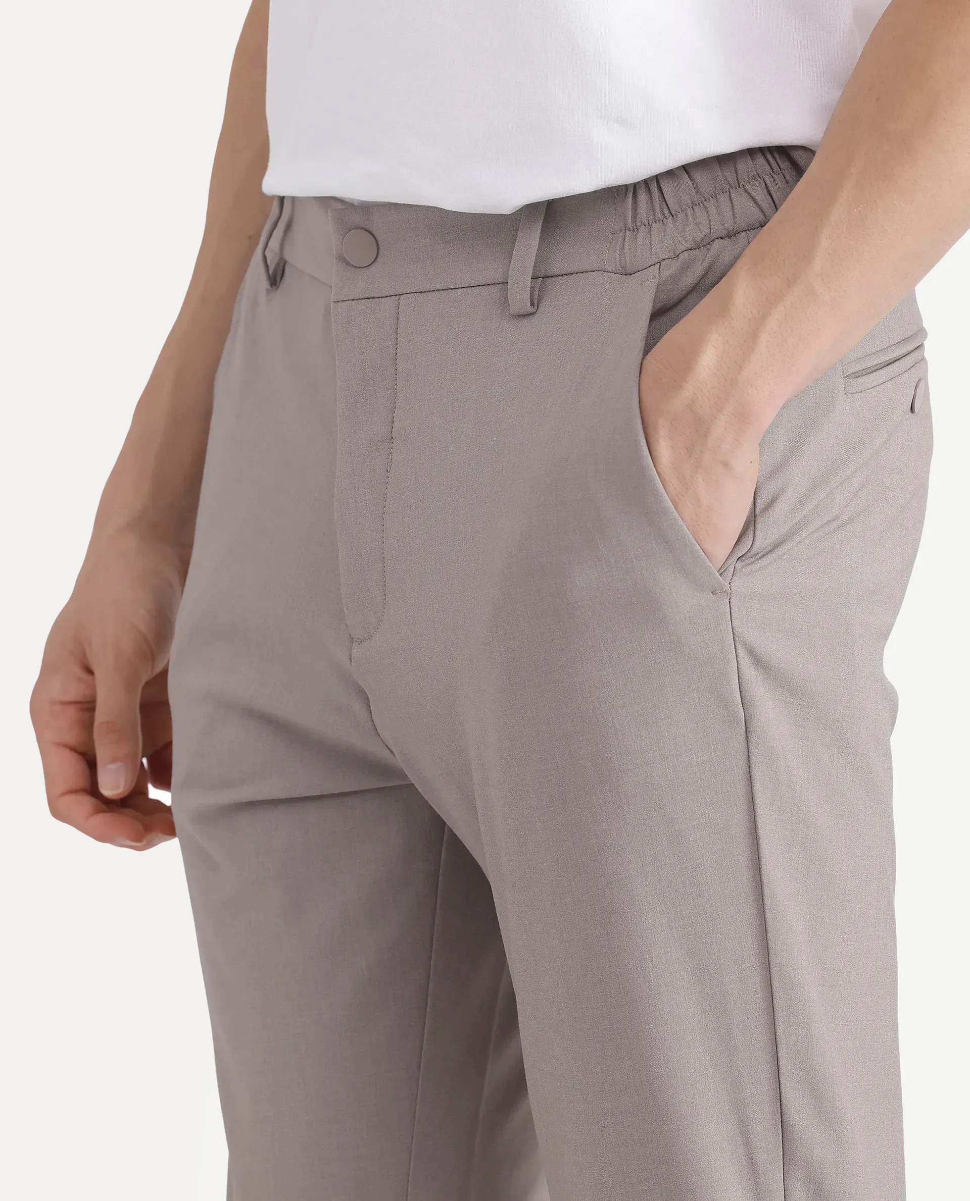 Rare Rabbit Men Travel-Stk Dark Beige Polyester Fabric Button And Zip Closure Closure Plain Trouser - Image 3